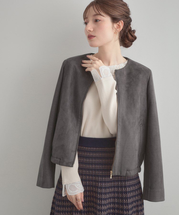 【クチュール ブローチ/Couture Brooch】の【通勤・大人上品】スエード調ダンボール ノーカラージャケット インテリア・キッズ・メンズ・レディースファッション・服の通販 founy(ファニー) 　ファッション　Fashion　レディースファッション　Fashion for Women　アウター　Coat / Outerwear Collection　レディースジャケット・軽アウター　Jackets　ノーカラージャケット / シンプル上品コーデ　Collarless Jackets　2025年　2025　2025-2026秋冬・A/W　Autumn/Winter 2025–26 AW25–26　おすすめ　Recommended / Our Picks　コンパクト　Compact, Small Size　ショート　Short, Short Length　ジャケット　Jacket, Outerwear　ストレッチ　Stretch, Stretchy Fabric　スマート　Smart, Elegant　エレガント 上品　Elegant　定番　Standard, Basic Item　秋　Autumn　ビジネス 仕事 通勤　Business / Work / Commuting　チャコールグレー|ID: prp329100004705339 ipo3291000000034442924