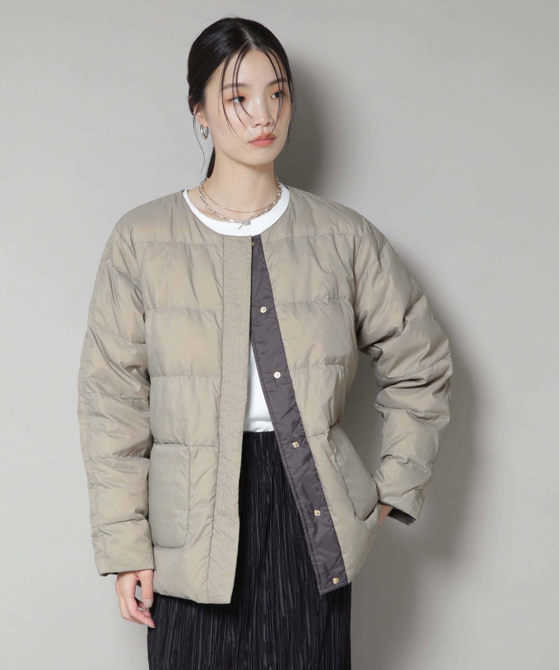 【ナノ ユニバース/nano universe】の撥水加工ライトダウン リバーシブルノーカラージャケット インテリア・キッズ・メンズ・レディースファッション・服の通販 founy(ファニー) ファッション Fashion レディースファッション Fashion for Women アウター Coat / Outerwear Collection レディースジャケット・軽アウター Jackets ノーカラージャケット / シンプル上品コーデ Collarless Jackets 2025年 2025 2025-2026秋冬・A/W Autumn/Winter 2025–26 AW25–26 シンプル Simple, Minimal ジャケット Jacket, Outerwear ダウン Down, Puffer リバーシブル Reversible, Two-Sided エレガント 上品 Elegant オリーブ|ID: prp329100004706476 ipo3291000000034702567