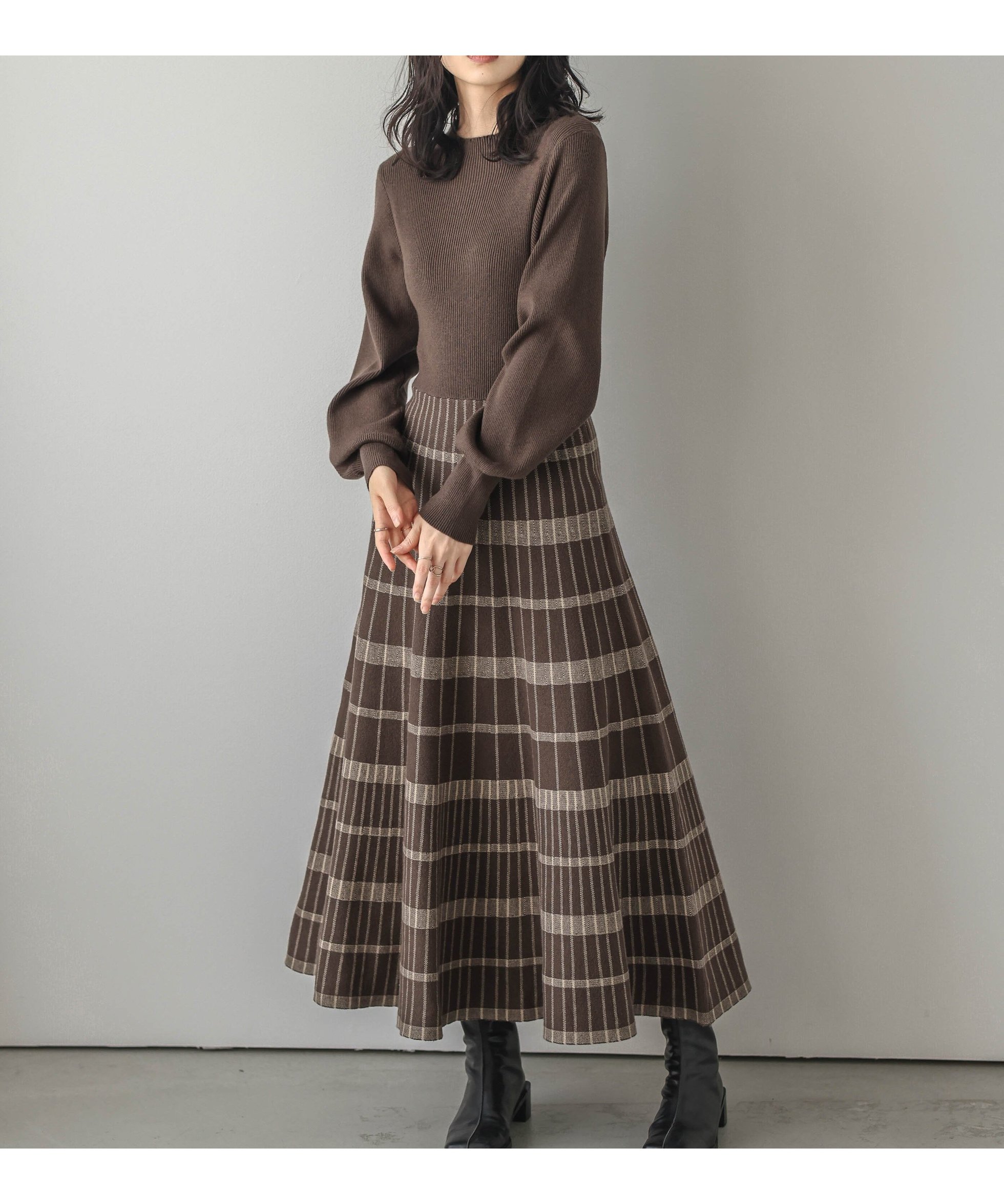 【ラジュール/Lajour】の日本製 ニットワンピース インテリア・キッズ・メンズ・レディースファッション・服の通販 founy(ファニー) 　ファッション　Fashion　レディースファッション　Fashion for Women　ワンピース　Dresses　ニットワンピース　Knit Dresses　チェック　Check, Plaid, Tartan　ドッキング　Docking, Mixed Material　リブニット　Rib Knit, Ribbed Knit　日本製　Made In Japan　ブラウン|ID: prp329100004706546 ipo3291000000033992771