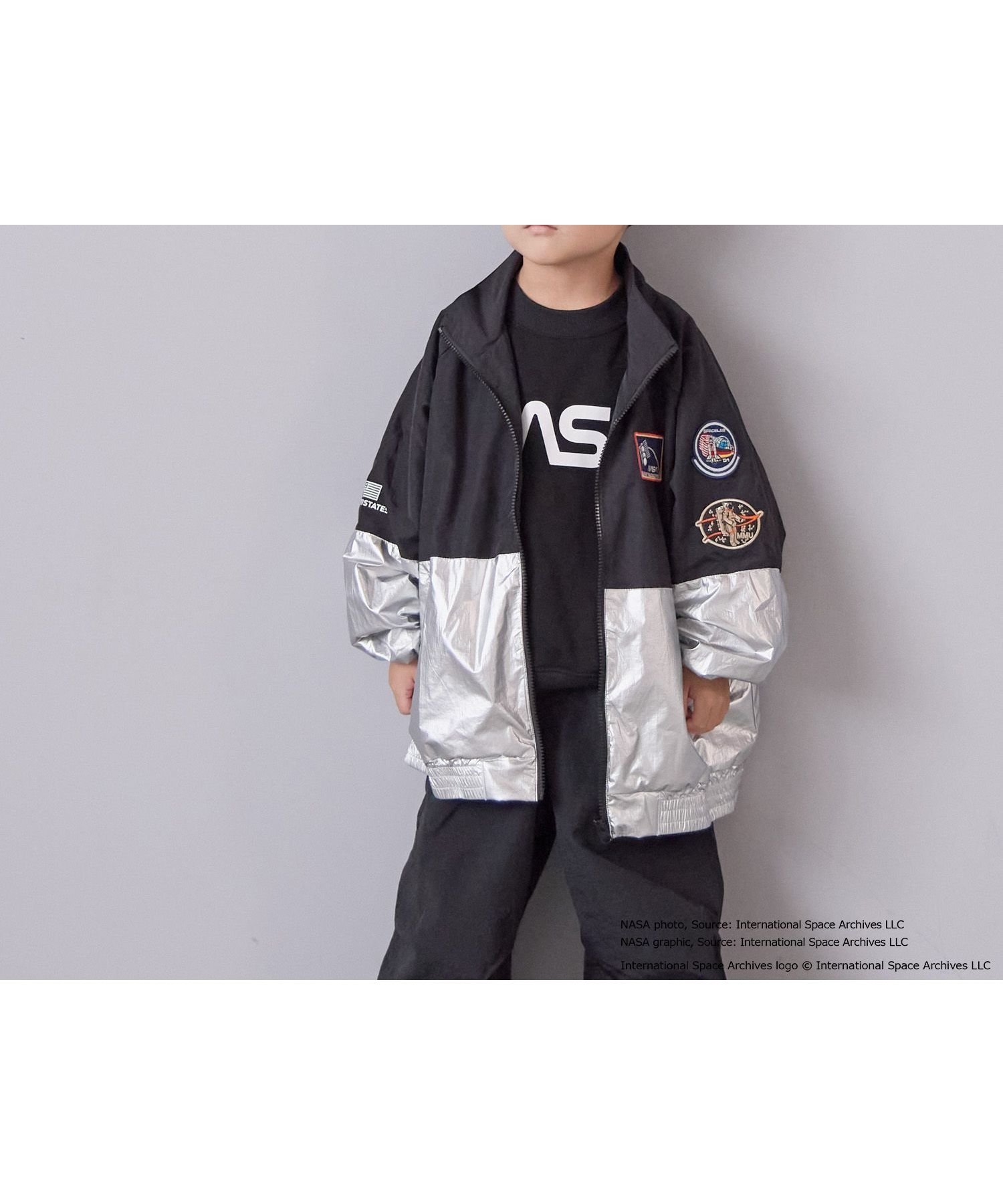 【ローリーズファーム/LOWRYS FARM / KIDS】のNASAナイロンブルゾン インテリア・キッズ・メンズ・レディースファッション・服の通販 founy(ファニー) 　ファッション　Fashion　キッズファッション　Fashion for Kids　シルバー　Silver, Metallic Silver　フロント　Front, Front Design　ブルゾン　Blouson, Bomber Jacket　ブラック|ID: prp329100004706736 ipo3291000000034075586