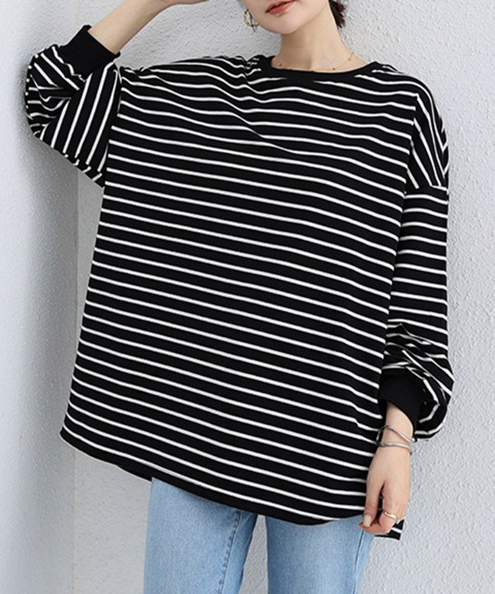 【ミニミニストア/miniministore】のボーダーtシャツ レディース 長袖ロンT インテリア・キッズ・メンズ・レディースファッション・服の通販 founy(ファニー) 　ファッション　Fashion　レディースファッション　Fashion for Women　トップス・カットソー　Cut & Sew Tops　シャツ・ブラウス・オフィスカジュアル　Elegant Blouses & Button-Ups　ロングTシャツ・Tシャツ　Longline T-Shirts & Tees　カットソー　Cut and Sewn Top　デニム　Denim, Jeans Material　長袖　Long Sleeve, Full Sleeve　フェミニン　Feminine, Girly　ボーダー　Border, Stripe　無地　Plain, Solid Color　ラウンド　Round, Round Neck　リラックス　Relax, Relaxed Fit　ロング　Long, Long-Length　A/W・秋冬　Autumn/Winter　ブラックボーダー|ID: prp329100004707196 ipo3291000000033997361