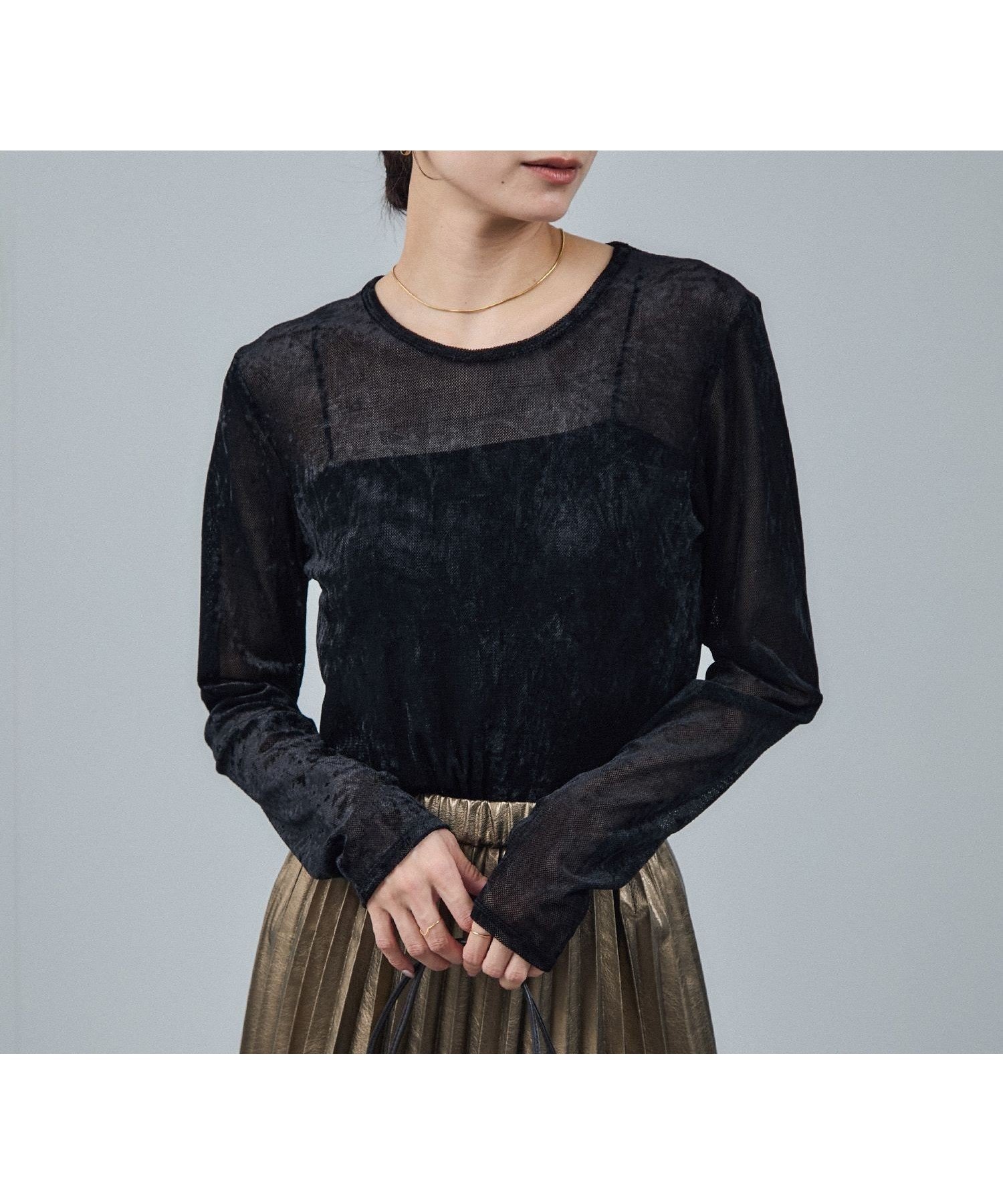 【サロン アダム エ ロペ/SALON adam et rope'】のシアーベロアロンT インテリア・キッズ・メンズ・レディースファッション・服の通販 founy(ファニー) 　ファッション　Fashion　レディースファッション　Fashion for Women　トップス・カットソー　Cut & Sew Tops　ロングTシャツ・Tシャツ　Longline T-Shirts & Tees　ベロアトップス　Velour Tops / Velvet-Look Items　インナー　Innerwear　カーゴパンツ　Cargo Pants, Utility Pants　シアー　Sheer, See-Through　ジャケット　Jacket, Outerwear　デニム　Denim, Jeans Material　トレンド　Trend, Trending Now　バランス　Balance, Style Balance　ファブリック　Fabric, Textile　フィット　Fit, Slim Fit　フェミニン　Feminine, Girly　ベロア　Velour, Soft Velvet　メッシュ　Mesh, Net Fabric　リュクス　Luxury, Elegant, High-End, Chic　A/W・秋冬　Autumn/Winter　エレガント 上品　Elegant　ブラック(01)|ID: prp329100004707215 ipo3291000000033997626