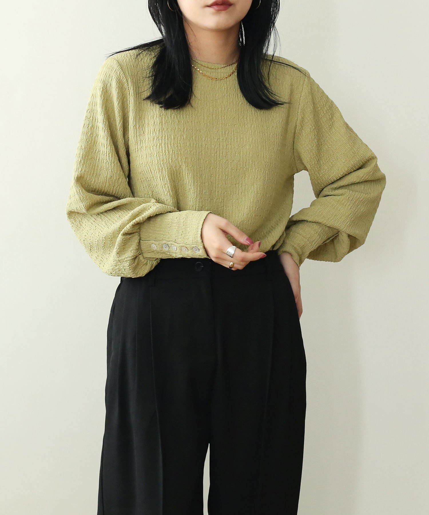 【その他のブランド/Other】のジャガードボタンスリーブトップス インテリア・キッズ・メンズ・レディースファッション・服の通販 founy(ファニー) 　ファッション　Fashion　レディースファッション　Fashion for Women　トップス・カットソー　Cut & Sew Tops　カフス　Cuff Design　ポケット　Pocket, Pocket Detail　長袖　Long Sleeve, Full Sleeve　ピスタチオ|ID: prp329100004707285 ipo3291000000033998393