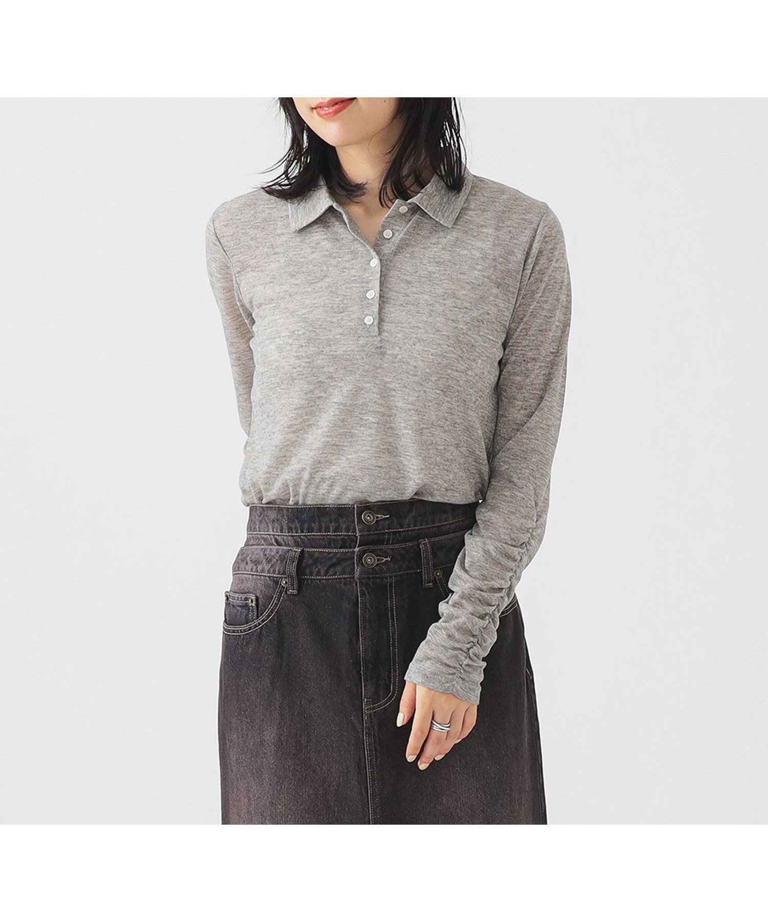 【ビーミングライフストアバイビームス/B:MING LIFE STORE by BEAMS】のシアー ポロ ロングスリーブ Tシャツ 25AW 秋まで使える ロングシーズン インテリア・キッズ・メンズ・レディースファッション・服の通販 founy(ファニー) 　ファッション　Fashion　レディースファッション　Fashion for Women　トップス・カットソー　Cut & Sew Tops　シャツ・ブラウス・オフィスカジュアル　Elegant Blouses & Button-Ups　ロングTシャツ・Tシャツ　Longline T-Shirts & Tees　秋　Autumn　シアー　Sheer, See-Through　シャーリング　Shirring, Ruched　シンプル　Simple, Minimal　スリーブ　Sleeve, Long Sleeve / Short Sleeve　デニム　Denim, Jeans Material　トレンド　Trend, Trending Now　フロント　Front, Front Design　ロング　Long, Long-Length　再入荷　Restock / Back in Stock　おすすめ　Recommended / Our Picks　2025年　2025　2025-2026秋冬・A/W　Autumn/Winter 2025–26 AW25–26　GREY|ID: prp329100004707302 ipo3291000000033998537