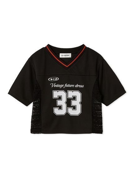 【リリーブラウン/Lily Brown】のサイドレースナンバリングTシャツ インテリア・キッズ・メンズ・レディースファッション・服の通販 founy(ファニー) 　ファッション　Fashion　レディースファッション　Fashion for Women　トップス・カットソー　Cut & Sew Tops　シャツ・ブラウス・オフィスカジュアル　Elegant Blouses & Button-Ups　ロングTシャツ・Tシャツ　Longline T-Shirts & Tees　スポーティ　Sporty, Casual Athletic　スマート　Smart, Elegant　トレンド　Trend, Trending Now　ドッキング　Docking, Mixed Material　フェミニン　Feminine, Girly　フロント　Front, Front Design　プリント　Print, Printed Pattern　メッシュ　Mesh, Net Fabric　レース　Lace, Lace Fabric　BLK[009]|ID: prp329100004707404 ipo3291000000033999657