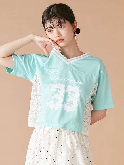 【リリーブラウン/Lily Brown】のサイドレースナンバリングTシャツ インテリア・キッズ・メンズ・レディースファッション・服の通販 founy(ファニー) 　ファッション　Fashion　レディースファッション　Fashion for Women　トップス・カットソー　Cut & Sew Tops　シャツ・ブラウス・オフィスカジュアル　Elegant Blouses & Button-Ups　ロングTシャツ・Tシャツ　Longline T-Shirts & Tees　スポーティ　Sporty, Casual Athletic　スマート　Smart, Elegant　トレンド　Trend, Trending Now　ドッキング　Docking, Mixed Material　フェミニン　Feminine, Girly　フロント　Front, Front Design　プリント　Print, Printed Pattern　メッシュ　Mesh, Net Fabric　レース　Lace, Lace Fabric　MNT[021]|ID: prp329100004707404 ipo3291000000033999658