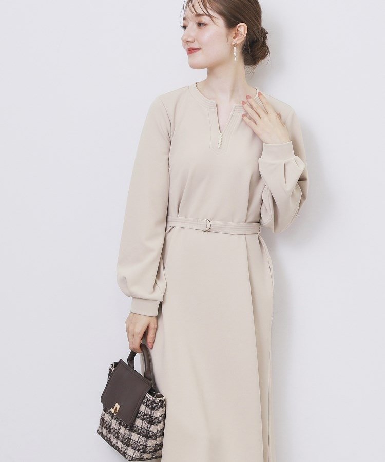 【インデックス/INDEX】のパール調ボタン付きキーネックワンピース【洗濯機OK】《S~3L》 インテリア・キッズ・メンズ・レディースファッション・服の通販 founy(ファニー) 　ファッション　Fashion　レディースファッション　Fashion for Women　ワンピース　Dresses　エレガント 上品　Elegant　シンプル　Simple, Minimal　ジョーゼット　Georgette, Semi-Sheer Fabric　ストレッチ　Stretch, Stretchy Fabric　スマート　Smart, Elegant　長袖　Long Sleeve, Full Sleeve　パール　Pearl, Pearl Accent　フィット　Fit, Slim Fit　フロント　Front, Front Design　ポケット　Pocket, Pocket Detail　グレージュ|ID: prp329100004707437 ipo3291000000034622435