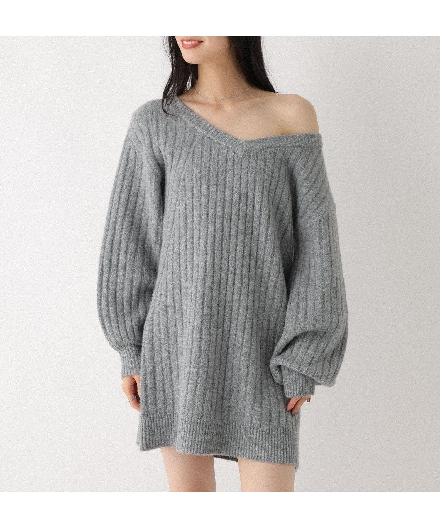 【ヘザー/Heather】のVネックオフショルニットミニワンピース インテリア・キッズ・メンズ・レディースファッション・服の通販 founy(ファニー) 　ファッション　Fashion　レディースファッション　Fashion for Women　ワンピース　Dresses　おすすめ　Recommended / Our Picks　インナー　Innerwear　ショルダー　Shoulder, Shoulder Strap　シンプル　Simple, Minimal　ラップ　Wrap, Wrap Design　ワイドリブ　Wide Rib, Wide Ribbed Knit　グレー|ID: prp329100004707441 ipo3291000000033999916