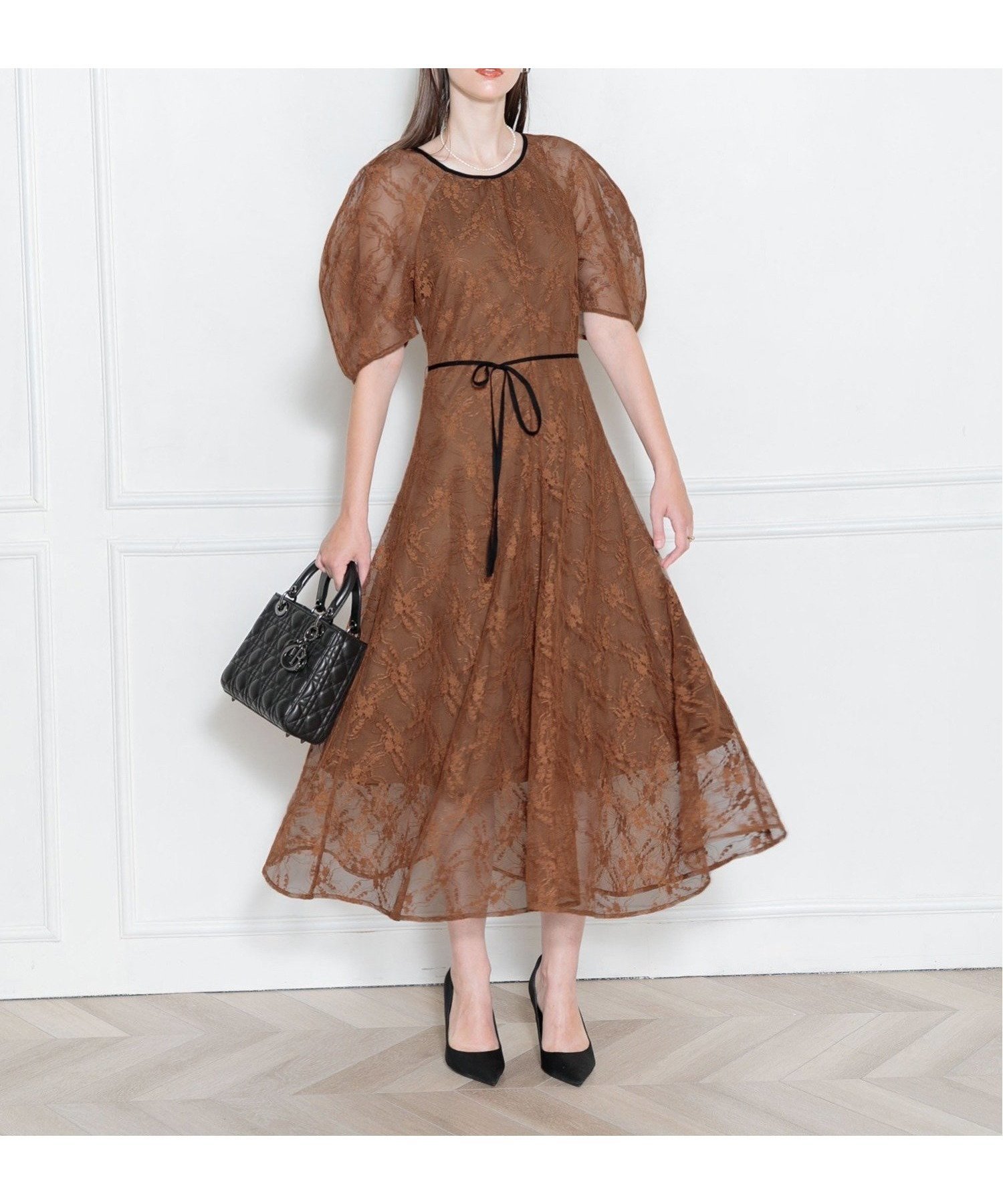 【レジャ/Leja】のLEJA-パフスリーブウエストリボン総レースロングドレスワンピース結婚式 インテリア・キッズ・メンズ・レディースファッション・服の通販 founy(ファニー) 　ファッション　Fashion　レディースファッション　Fashion for Women　ワンピース　Dresses　フォーマル・パーティードレス・結婚式用ドレス　Elegant & Casual Dresses　アクセサリー　Fashion Accessories　エレガント 上品　Elegant　オケージョン　Occasion Wear　スリーブ　Sleeve, Long Sleeve / Short Sleeve　ドレス　Dress, One-Piece　フォーマル　Formal, Dressy　マーメイド　Mermaid, Fishtail Silhouette　リボン　Ribbon, Bow　レース　Lace, Lace Fabric　結婚式　Wedding　披露宴　Wedding Reception　二次会　After Party　BROWN|ID: prp329100004707491 ipo3291000000034000307