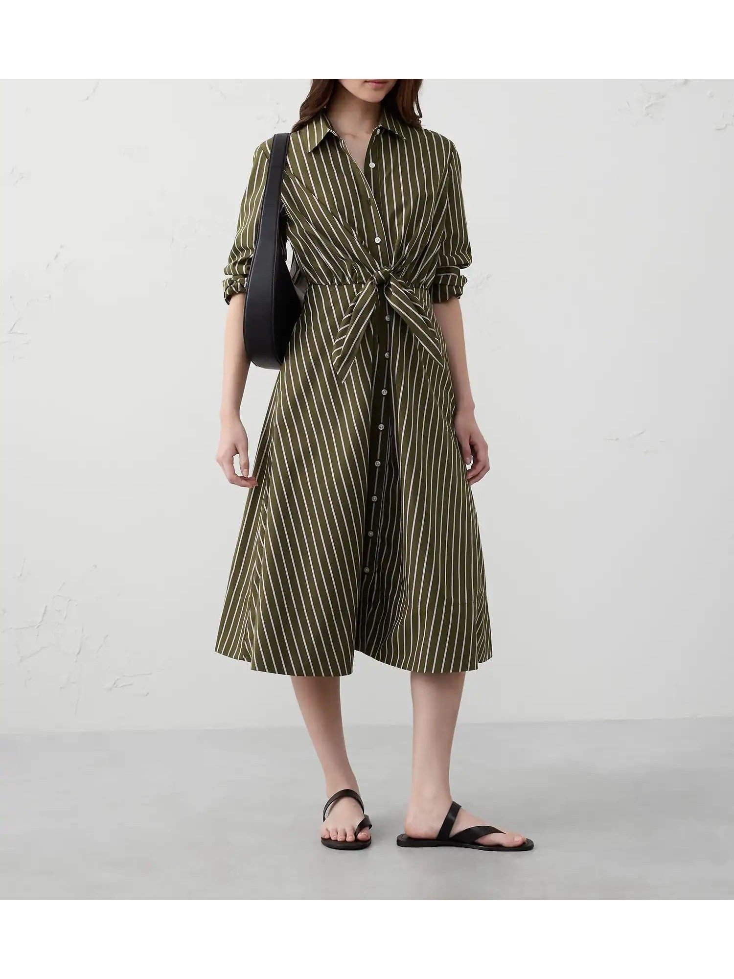 【バナナリパブリック ファクトリーストア/BANANA REPUBLIC FACTORY STORE】のBANANA REPUBLIC FACTORY STORE カフド タイフロント ミディ シャツワンピース インテリア・キッズ・メンズ・レディースファッション・服の通販 founy(ファニー) 　ファッション　Fashion　レディースファッション　Fashion for Women　ワンピース　Dresses　シャツワンピース / 1枚で着映えコーデ　Shirt Dresses　エレガント 上品　Elegant　フロント　Front, Front Design　OLIVE_STRIPE|ID: prp329100004707501 ipo3291000000034000409