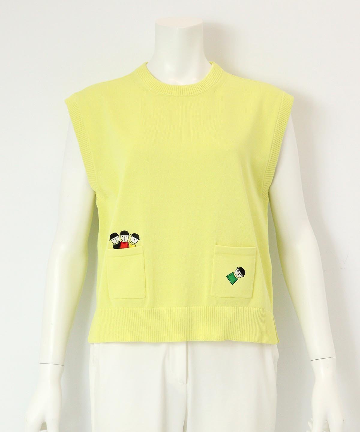 【ピッコーネクラブ/Picone Club】のコットン混刺繍ニットベスト インテリア・キッズ・メンズ・レディースファッション・服の通販 founy(ファニー) 　ファッション　Fashion　レディースファッション　Fashion for Women　アウター　Coat / Outerwear Collection　トップス・カットソー　Cut & Sew Tops　ニット　Knit Tops & Sweaters　ベスト&ジレ / 重ね着スタイル　Vests & Gilets　インナー　Innerwear　キャミソール　Camisole, Spaghetti Strap Top　ハイネック　High Neck, Mock Neck　フロント　Front, Front Design　ベスト　Vest, Waistcoat　ポケット　Pocket, Pocket Detail　夏　Summer　春　Spring　イエロー|ID: prp329100004707615 ipo3291000000034001439