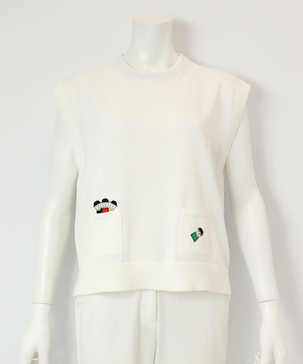 【ピッコーネクラブ/Picone Club】のコットン混刺繍ニットベスト インテリア・キッズ・メンズ・レディースファッション・服の通販 founy(ファニー) 　ファッション　Fashion　レディースファッション　Fashion for Women　アウター　Coat / Outerwear Collection　トップス・カットソー　Cut & Sew Tops　ニット　Knit Tops & Sweaters　ベスト&ジレ / 重ね着スタイル　Vests & Gilets　インナー　Innerwear　キャミソール　Camisole, Spaghetti Strap Top　ハイネック　High Neck, Mock Neck　フロント　Front, Front Design　ベスト　Vest, Waistcoat　ポケット　Pocket, Pocket Detail　夏　Summer　春　Spring　ホワイト|ID: prp329100004707615 ipo3291000000034001444