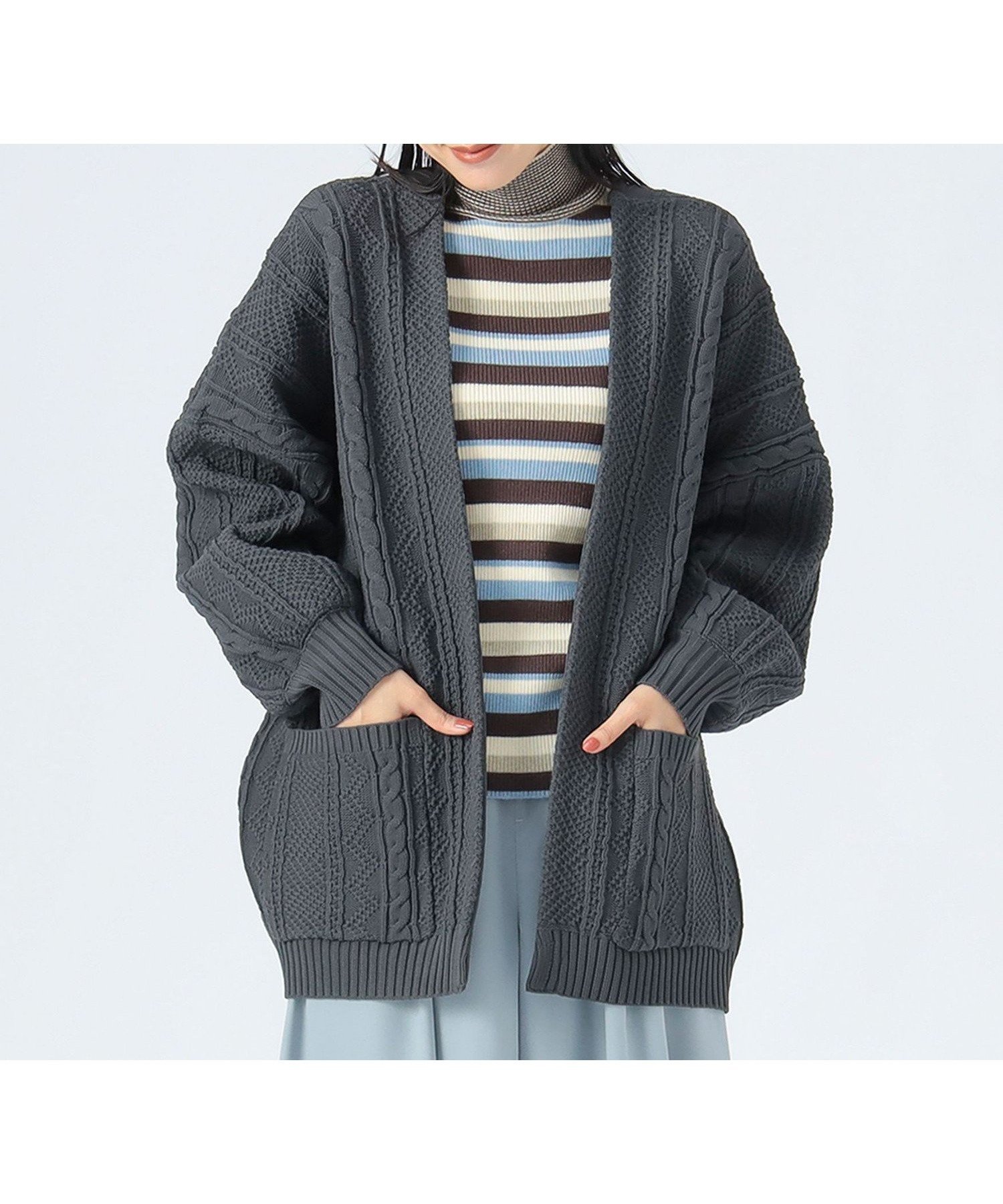 【ビームス ハート/BEAMS HEART】のケーブル柄 着流し カーディガン インテリア・キッズ・メンズ・レディースファッション・服の通販 founy(ファニー) 　ファッション　Fashion　レディースファッション　Fashion for Women　トップス・カットソー　Cut & Sew Tops　カーディガン・羽織り　Layered Style Cardigans　インナー　Innerwear　カットソー　Cut and Sewn Top　カーディガン　Cardigan, Knitwear　バランス　Balance, Style Balance　リラックス　Relax, Relaxed Fit　おすすめ　Recommended / Our Picks　CHARCOAL|ID: prp329100004707650 ipo3291000000034001761