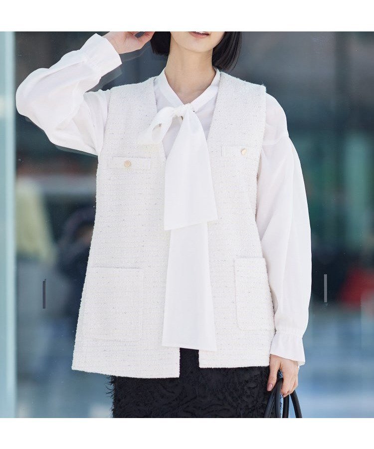 【インディヴィ/INDIVI】の【2点セット/UVケア】ツイードジレ ボウタイブラウス カセット服 インテリア・キッズ・メンズ・レディースファッション・服の通販 founy(ファニー) 　ファッション　Fashion　レディースファッション　Fashion for Women　アウター　Coat / Outerwear Collection　トップス・カットソー　Cut & Sew Tops　シャツ・ブラウス・オフィスカジュアル　Elegant Blouses & Button-Ups　ベスト&ジレ / 重ね着スタイル　Vests & Gilets　インナー　Innerwear　コンシャス　Conscious, Bodycon　ストレッチ　Stretch, Stretchy Fabric　スマート　Smart, Elegant　スーツ　Suit, Formalwear　ダウン　Down, Puffer　デニム　Denim, Jeans Material　トレンド　Trend, Trending Now　ポケット　Pocket, Pocket Detail　ワイド　Wide, Wide Fit　おすすめ　Recommended / Our Picks　セレモニー　Ceremony　ビジネス 仕事 通勤　Business / Work / Commuting　アイボリー|ID: prp329100004707765 ipo3291000000034002901