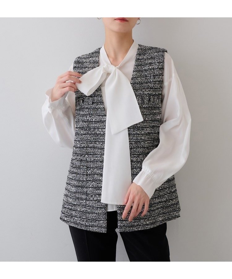 【インディヴィ/INDIVI】の【2点セット/UVケア】ツイードジレ ボウタイブラウス カセット服 インテリア・キッズ・メンズ・レディースファッション・服の通販 founy(ファニー) 　ファッション　Fashion　レディースファッション　Fashion for Women　アウター　Coat / Outerwear Collection　トップス・カットソー　Cut & Sew Tops　シャツ・ブラウス・オフィスカジュアル　Elegant Blouses & Button-Ups　ベスト&ジレ / 重ね着スタイル　Vests & Gilets　インナー　Innerwear　コンシャス　Conscious, Bodycon　ストレッチ　Stretch, Stretchy Fabric　スマート　Smart, Elegant　スーツ　Suit, Formalwear　ダウン　Down, Puffer　デニム　Denim, Jeans Material　トレンド　Trend, Trending Now　ポケット　Pocket, Pocket Detail　ワイド　Wide, Wide Fit　おすすめ　Recommended / Our Picks　セレモニー　Ceremony　ビジネス 仕事 通勤　Business / Work / Commuting　ブラック|ID: prp329100004707765 ipo3291000000034002903