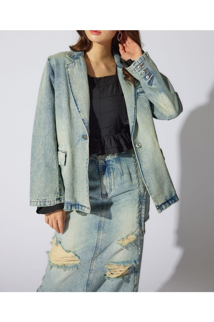 【リエンダ/rienda】のテーラーカラーデニムジャケット インテリア・キッズ・メンズ・レディースファッション・服の通販 founy(ファニー) 　ファッション　Fashion　レディースファッション　Fashion for Women　アウター　Coat / Outerwear Collection　レディースジャケット・軽アウター　Jackets　デニムジャケット / カジュアルアウター　Denim Jackets　ヴィンテージ　Vintage Style　ジャケット　Jacket, Outerwear　セットアップ　Set-Up, Coordinated Outfit　デニム　Denim, Jeans Material　バランス　Balance, Style Balance　フェミニン　Feminine, Girly　ポケット　Pocket, Pocket Detail　リラックス　Relax, Relaxed Fit　再入荷　Restock / Back in Stock　L/BLU1|ID: prp329100004707903 ipo3291000000034004111