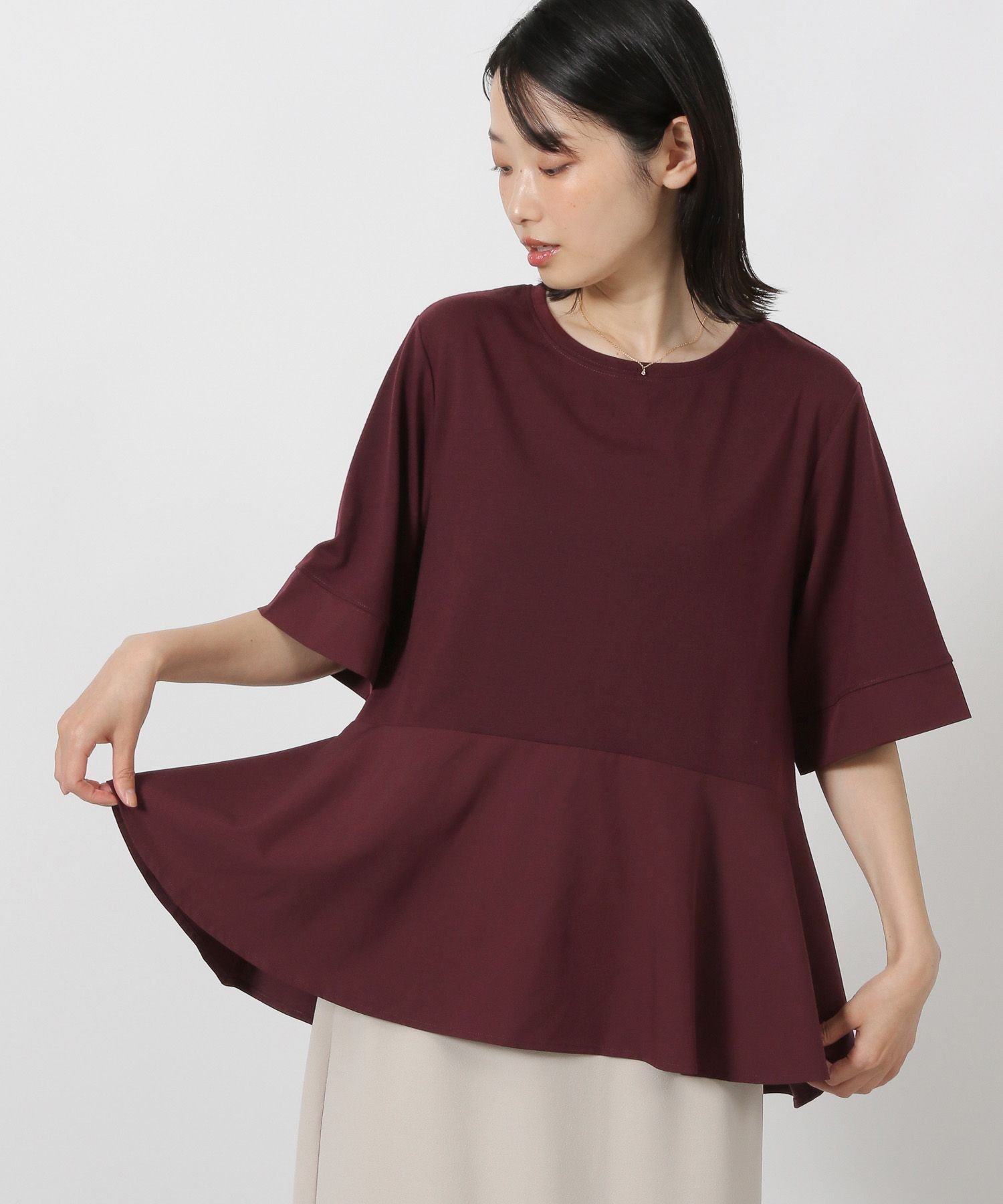 【ラコレ/LAKOLE】の異素材きりかえ半袖 インテリア・キッズ・メンズ・レディースファッション・服の通販 founy(ファニー) 　ファッション　Fashion　レディースファッション　Fashion for Women　トップス・カットソー　Cut & Sew Tops　カットソー　Cut and Sewn Top　フレア　Flare, Flared　ボトム　Bottoms, Lower Wear　切替　Switching, Contrast Panel　半袖　Short Sleeve, Half Sleeve　ボルドー|ID: prp329100004708817 ipo3291000000034011679