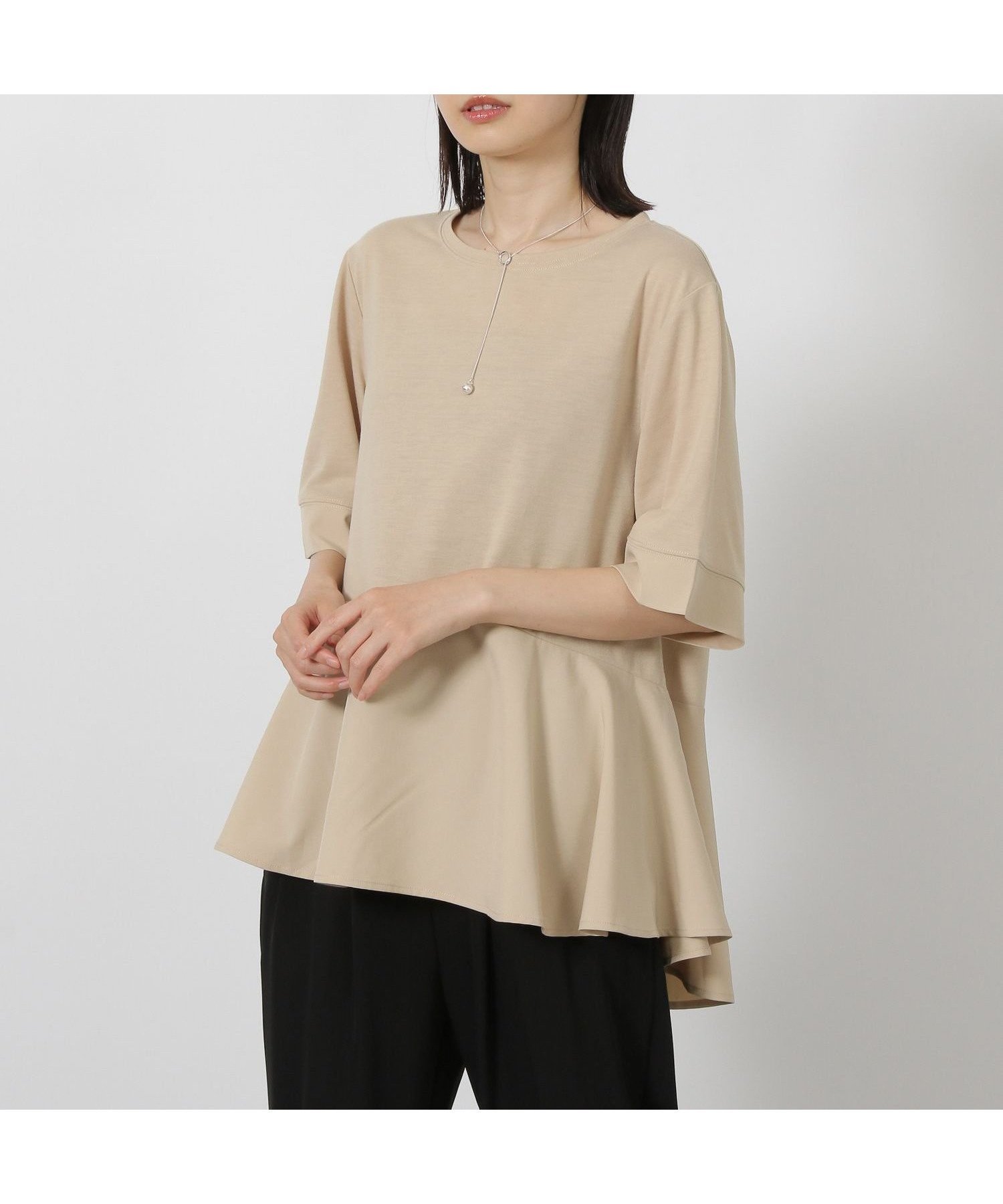 【ラコレ/LAKOLE】の異素材きりかえ半袖 インテリア・キッズ・メンズ・レディースファッション・服の通販 founy(ファニー) 　ファッション　Fashion　レディースファッション　Fashion for Women　トップス・カットソー　Cut & Sew Tops　カットソー　Cut and Sewn Top　フレア　Flare, Flared　ボトム　Bottoms, Lower Wear　切替　Switching, Contrast Panel　半袖　Short Sleeve, Half Sleeve　ベージュ|ID: prp329100004708817 ipo3291000000034011680