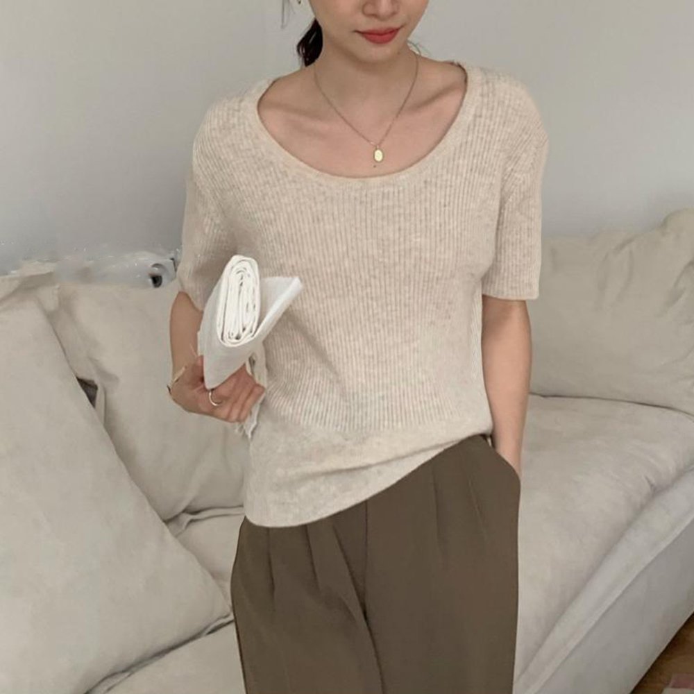 【ミニミニストア/miniministore】の半袖 サマーニット レディースニットソー インテリア・キッズ・メンズ・レディースファッション・服の通販 founy(ファニー) 　ファッション　Fashion　レディースファッション　Fashion for Women　トップス・カットソー　Cut & Sew Tops　ニット　Knit Tops & Sweaters　アクリル　Acrylic Material　カットソー　Cut and Sewn Top　クール　Cool, Chic　サマー　Summer, Summer Style　シンプル　Simple, Minimal　デコルテ　Décolleté, Neckline　デニム　Denim, Jeans Material　ベーシック　Basic, Essential　半袖　Short Sleeve, Half Sleeve　無地　Plain, Solid Color　夏　Summer　ライトベージュ|ID: prp329100004708824 ipo3291000000034011748