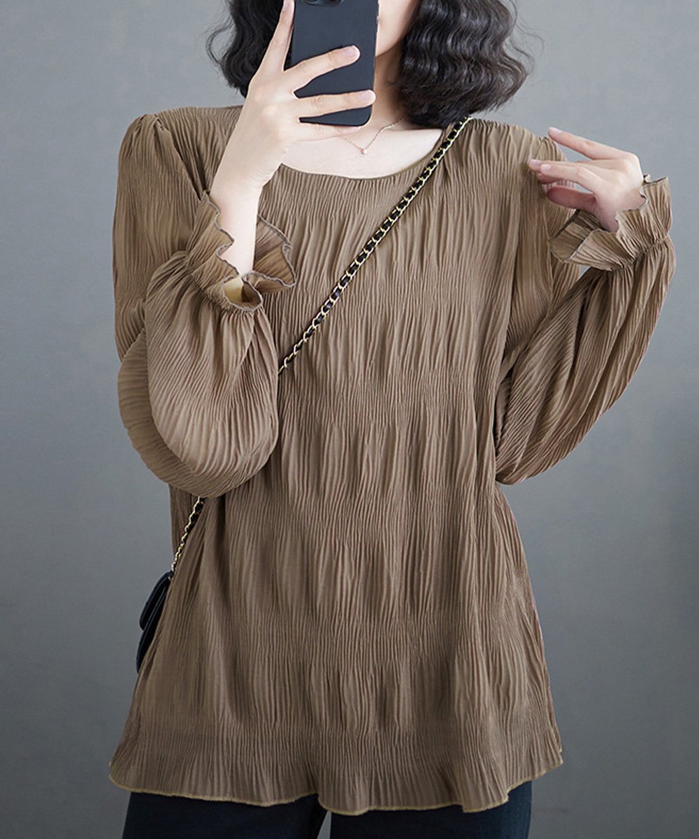 【ミニミニストア/miniministore】のシャーリングブラウス 長袖トップス韓国風 インテリア・キッズ・メンズ・レディースファッション・服の通販 founy(ファニー) 　ファッション　Fashion　レディースファッション　Fashion for Women　トップス・カットソー　Cut & Sew Tops　シャツ・ブラウス・オフィスカジュアル　Elegant Blouses & Button-Ups　インナー　Innerwear　ギャザー　Gathered, Ruffled　シアー　Sheer, See-Through　シフォン　Chiffon, Lightweight Fabric　シャーリング　Shirring, Ruched　スラックス　Slacks, Dress Pants　ダウン　Down, Puffer　デニム　Denim, Jeans Material　長袖　Long Sleeve, Full Sleeve　フェミニン　Feminine, Girly　フリル　Frill, Ruffle　プリーツ　Pleats, Pleated　おすすめ　Recommended / Our Picks　エレガント 上品　Elegant　ブラウン|ID: prp329100004709180 ipo3291000000034015374