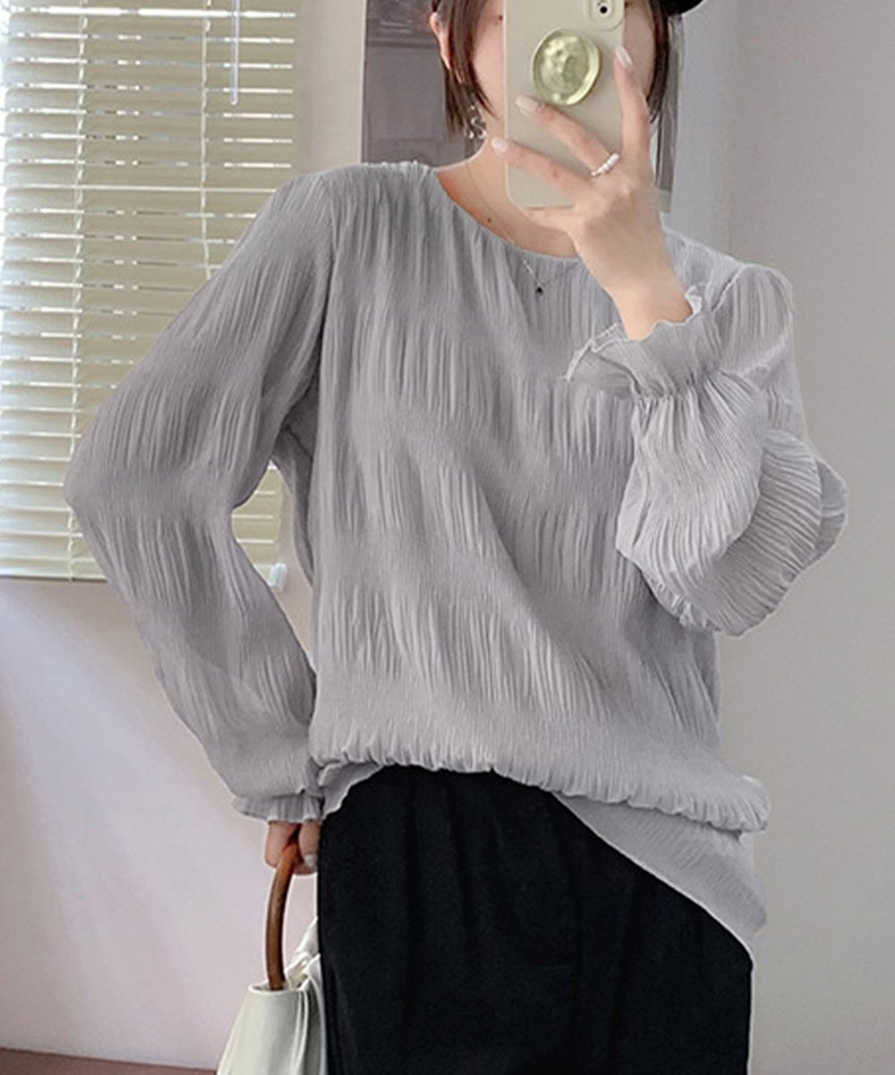 【ミニミニストア/miniministore】のシャーリングブラウス 長袖トップス韓国風 インテリア・キッズ・メンズ・レディースファッション・服の通販 founy(ファニー) 　ファッション　Fashion　レディースファッション　Fashion for Women　トップス・カットソー　Cut & Sew Tops　シャツ・ブラウス・オフィスカジュアル　Elegant Blouses & Button-Ups　インナー　Innerwear　ギャザー　Gathered, Ruffled　シアー　Sheer, See-Through　シフォン　Chiffon, Lightweight Fabric　シャーリング　Shirring, Ruched　スラックス　Slacks, Dress Pants　ダウン　Down, Puffer　デニム　Denim, Jeans Material　長袖　Long Sleeve, Full Sleeve　フェミニン　Feminine, Girly　フリル　Frill, Ruffle　プリーツ　Pleats, Pleated　おすすめ　Recommended / Our Picks　エレガント 上品　Elegant　グレー|ID: prp329100004709180 ipo3291000000034015376