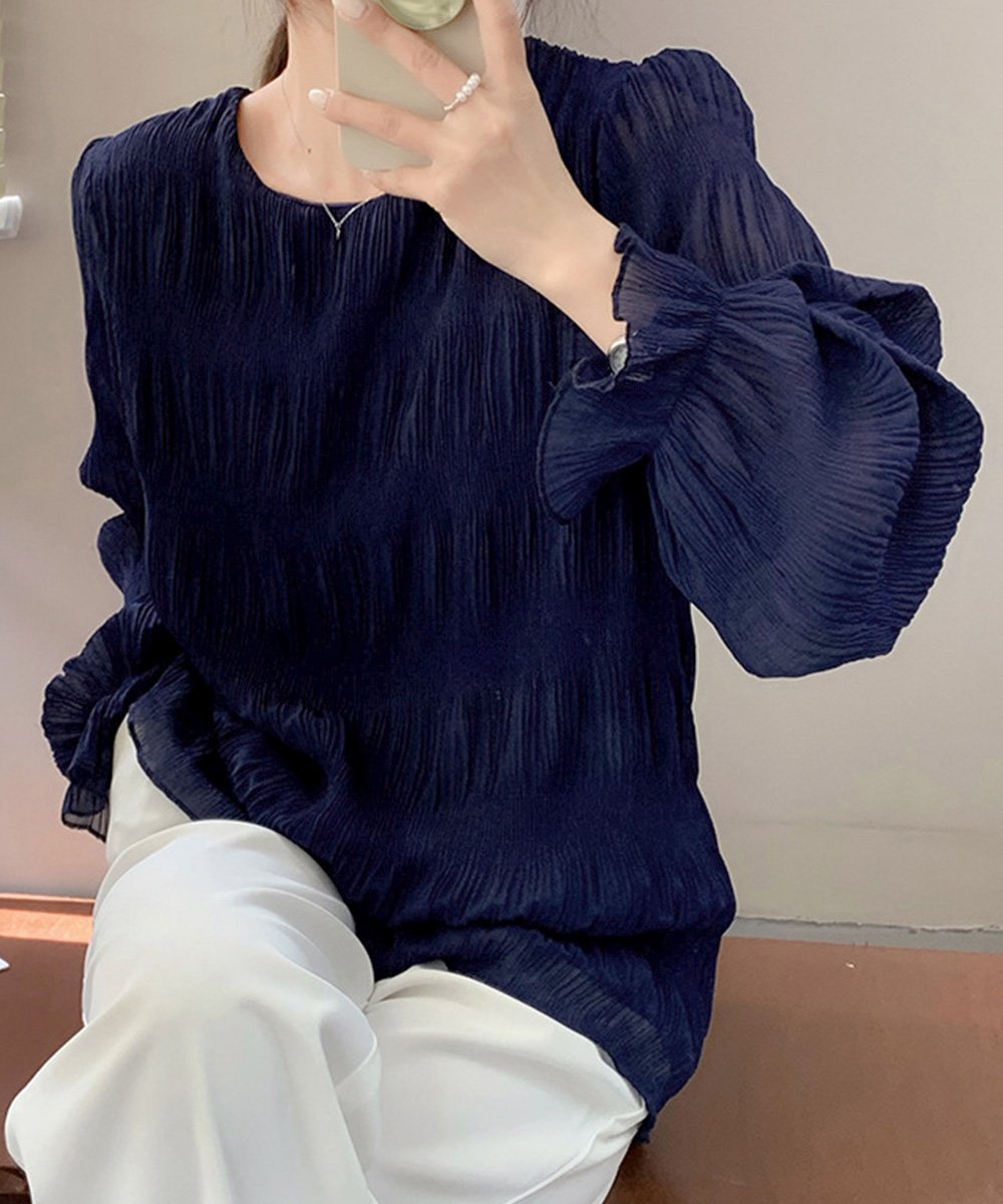 【ミニミニストア/miniministore】のシャーリングブラウス 長袖トップス韓国風 インテリア・キッズ・メンズ・レディースファッション・服の通販 founy(ファニー) 　ファッション　Fashion　レディースファッション　Fashion for Women　トップス・カットソー　Cut & Sew Tops　シャツ・ブラウス・オフィスカジュアル　Elegant Blouses & Button-Ups　インナー　Innerwear　ギャザー　Gathered, Ruffled　シアー　Sheer, See-Through　シフォン　Chiffon, Lightweight Fabric　シャーリング　Shirring, Ruched　スラックス　Slacks, Dress Pants　ダウン　Down, Puffer　デニム　Denim, Jeans Material　長袖　Long Sleeve, Full Sleeve　フェミニン　Feminine, Girly　フリル　Frill, Ruffle　プリーツ　Pleats, Pleated　おすすめ　Recommended / Our Picks　エレガント 上品　Elegant　ネイビー|ID: prp329100004709180 ipo3291000000034015377