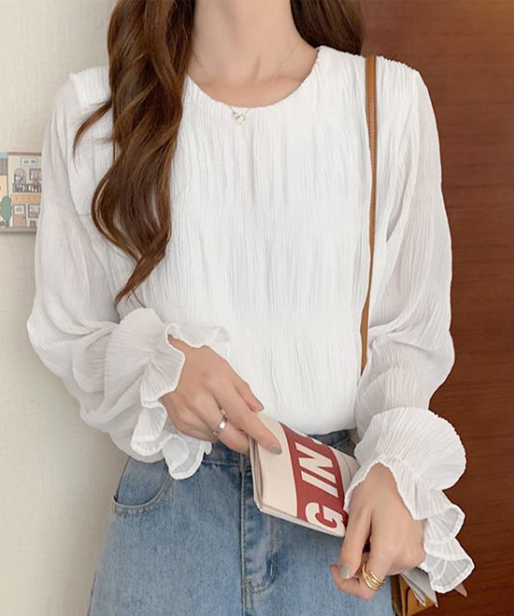 【ミニミニストア/miniministore】のシャーリングブラウス 長袖トップス韓国風 インテリア・キッズ・メンズ・レディースファッション・服の通販 founy(ファニー) 　ファッション　Fashion　レディースファッション　Fashion for Women　トップス・カットソー　Cut & Sew Tops　シャツ・ブラウス・オフィスカジュアル　Elegant Blouses & Button-Ups　インナー　Innerwear　ギャザー　Gathered, Ruffled　シアー　Sheer, See-Through　シフォン　Chiffon, Lightweight Fabric　シャーリング　Shirring, Ruched　スラックス　Slacks, Dress Pants　ダウン　Down, Puffer　デニム　Denim, Jeans Material　長袖　Long Sleeve, Full Sleeve　フェミニン　Feminine, Girly　フリル　Frill, Ruffle　プリーツ　Pleats, Pleated　おすすめ　Recommended / Our Picks　エレガント 上品　Elegant　ホワイト|ID: prp329100004709180 ipo3291000000034015378