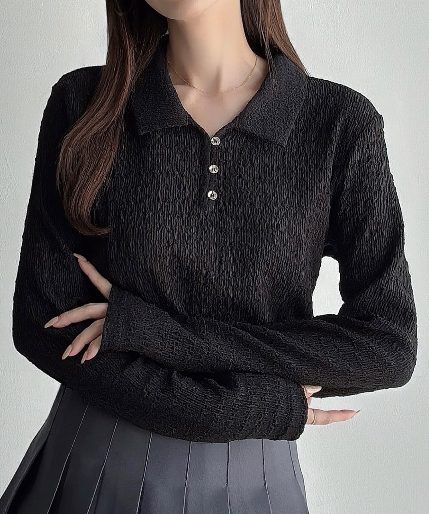 【ジュノア/JUNOAH】のMeiru 薄手ストレッチジャガード長袖ポロカットソー 人気、トレンドファッション・服の通販 founy(ファニー) 　ファッション　Fashion　レディースファッション　Fashion for Women　トップス・カットソー　Cut & Sew Tops　カットソー・ベーシックTシャツ　Cut-and-Sewn Tops / Stretch Tees & Basics　長袖　Long Sleeve, Full Sleeve　 other-1|ID: prp329100004711155 ipo3291000000034207776