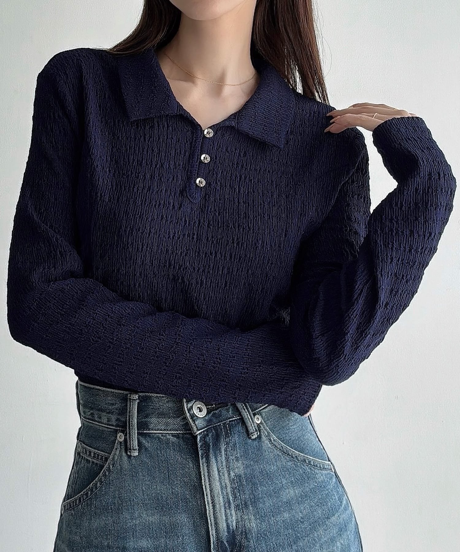 【ジュノア/JUNOAH】のMeiru 薄手ストレッチジャガード長袖ポロカットソー インテリア・キッズ・メンズ・レディースファッション・服の通販 founy(ファニー) 　ファッション　Fashion　レディースファッション　Fashion for Women　トップス・カットソー　Cut & Sew Tops　カットソー・ベーシックTシャツ　Cut-and-Sewn Tops / Stretch Tees & Basics　長袖　Long Sleeve, Full Sleeve　ネイビー|ID: prp329100004711155 ipo3291000000034207782