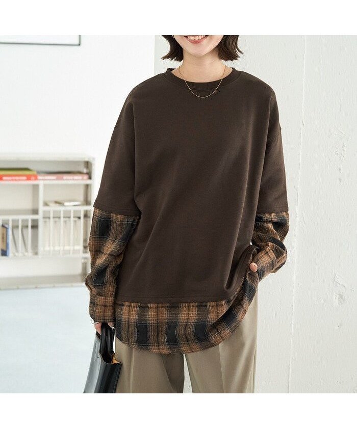 【フリークスストア/FREAK'S STORE】のチェックシャツ レイヤード 裏毛 プルオーバー【限定展開】 インテリア・キッズ・メンズ・レディースファッション・服の通販 founy(ファニー) 　ファッション　Fashion　レディースファッション　Fashion for Women　トップス・カットソー　Cut & Sew Tops　シャツ・ブラウス・オフィスカジュアル　Elegant Blouses & Button-Ups　カジュアルプルオーバー・ニットトップス　Pullovers & Knit Tops / Casual Pullovers　カーゴパンツ　Cargo Pants, Utility Pants　チェック　Check, Plaid, Tartan　デニム　Denim, Jeans Material　ドッキング　Docking, Mixed Material　リラックス　Relax, Relaxed Fit　ルーズ　Loose, Oversized　A/W・秋冬　Autumn/Winter　冬　Winter / This Winter　おすすめ　Recommended / Our Picks　ブラウン|ID: prp329100004711325 ipo3291000000034031446