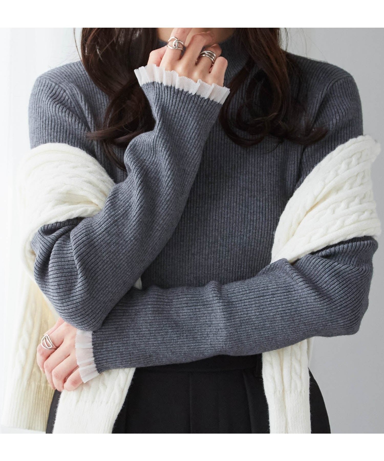 【ラナン/Ranan】のRanan/シアーフリルハイネックリブニット インテリア・キッズ・メンズ・レディースファッション・服の通販 founy(ファニー) 　ファッション　Fashion　レディースファッション　Fashion for Women　トップス・カットソー　Cut & Sew Tops　ニット　Knit Tops & Sweaters　インナー　Innerwear　ジャケット　Jacket, Outerwear　デニム　Denim, Jeans Material　ビスチェ　Bustier, Corset Top　ベーシック　Basic, Essential　ポケット　Pocket, Pocket Detail　リブニット　Rib Knit, Ribbed Knit　ロング　Long, Long-Length　GR|ID: prp329100004712323 ipo3291000000034212129