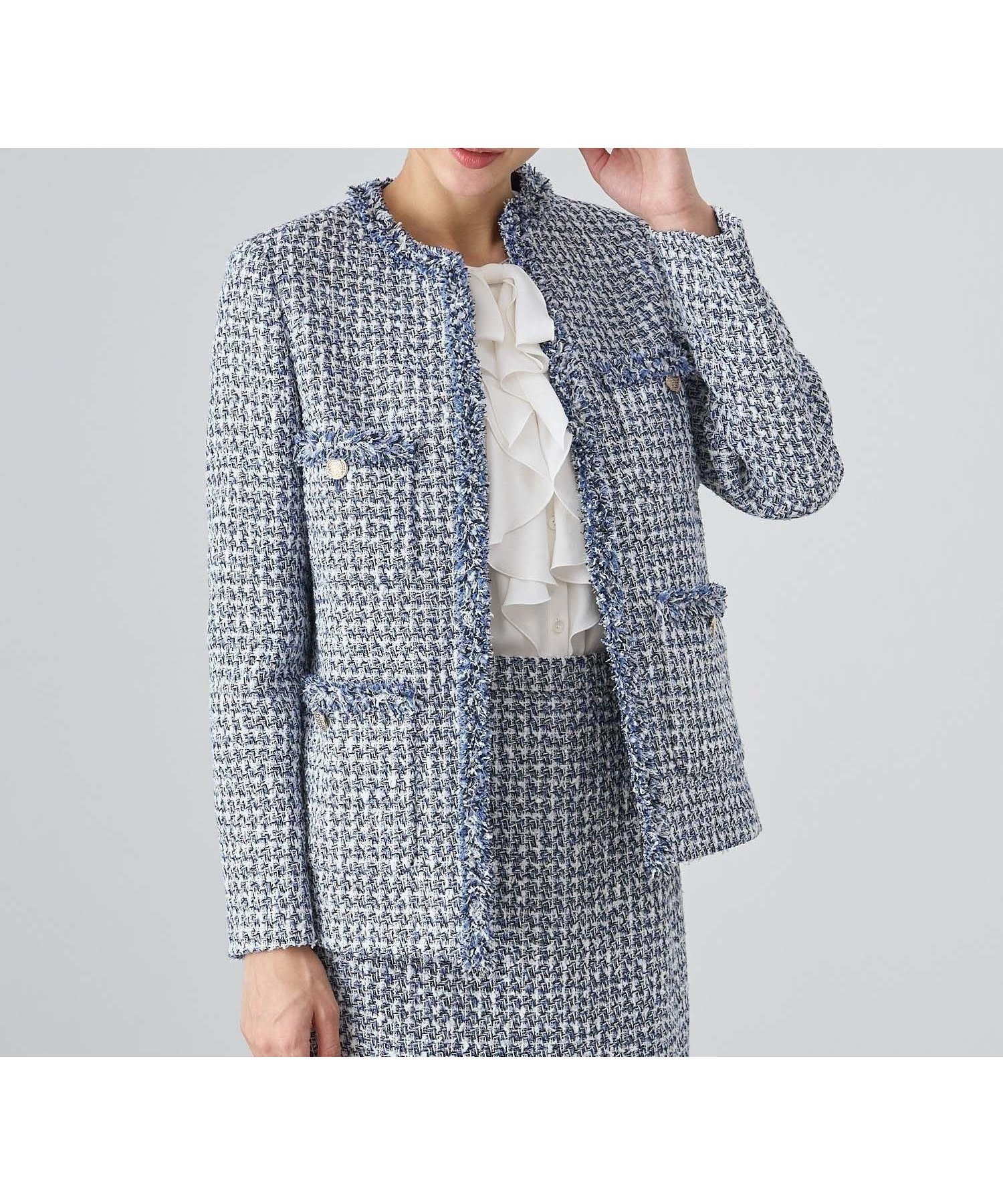 【アナイ/ANAYI】の【Eternal Line 2024】ミックスツイードロングノーカラー ジャケット インテリア・キッズ・メンズ・レディースファッション・服の通販 founy(ファニー) 　ファッション　Fashion　レディースファッション　Fashion for Women　アウター　Coat / Outerwear Collection　レディースジャケット・軽アウター　Jackets　ノーカラージャケット / シンプル上品コーデ　Collarless Jackets　オケージョン　Occasion Wear　コンパクト　Compact, Small Size　シフォン　Chiffon, Lightweight Fabric　ショート　Short, Short Length　ジャケット　Jacket, Outerwear　スマート　Smart, Elegant　セットアップ　Set-Up, Coordinated Outfit　ツイード／ツィード　Choker, Choker Necklace　ツイード　Twill, Twill Weave　ドレス　Dress, One-Piece　ハーフ　Half, Half-Length　パーティ　Party, Party Style　フォーマル　Formal, Dressy　フリンジ　Fringe, Tassel　フロント　Front, Front Design　ミックス　Mix, Mixed Style　メタル　Metal, Metal Parts　再入荷　Restock / Back in Stock　セレモニー　Ceremony　入学式　Entrance Ceremony　卒業式　Graduation Ceremony　結婚式　Wedding　ビジネス 仕事 通勤　Business / Work / Commuting　blue mix|ID: prp329100004712357 ipo3291000000034500581