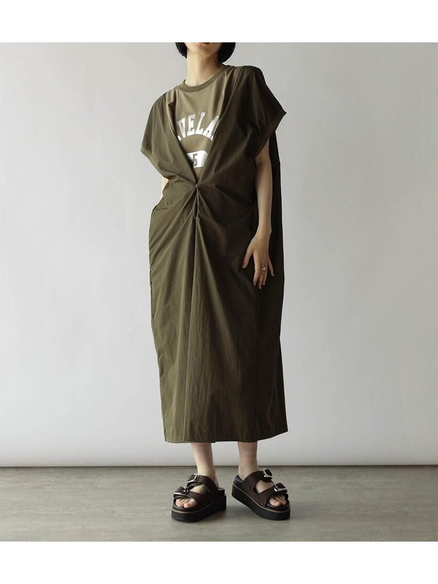【ラシュッド/LASUD】の異素材ドッキング箔ロゴ2wayワンピース インテリア・キッズ・メンズ・レディースファッション・服の通販 founy(ファニー) 　ファッション　Fashion　レディースファッション　Fashion for Women　ワンピース　Dresses　ドッキング　Docking, Mixed Material　フロント　Front, Front Design　ポケット　Pocket, Pocket Detail　リラックス　Relax, Relaxed Fit　軽量　Lightweight, Ultra Light　カーキ|ID: prp329100004712629 ipo3291000000034042189