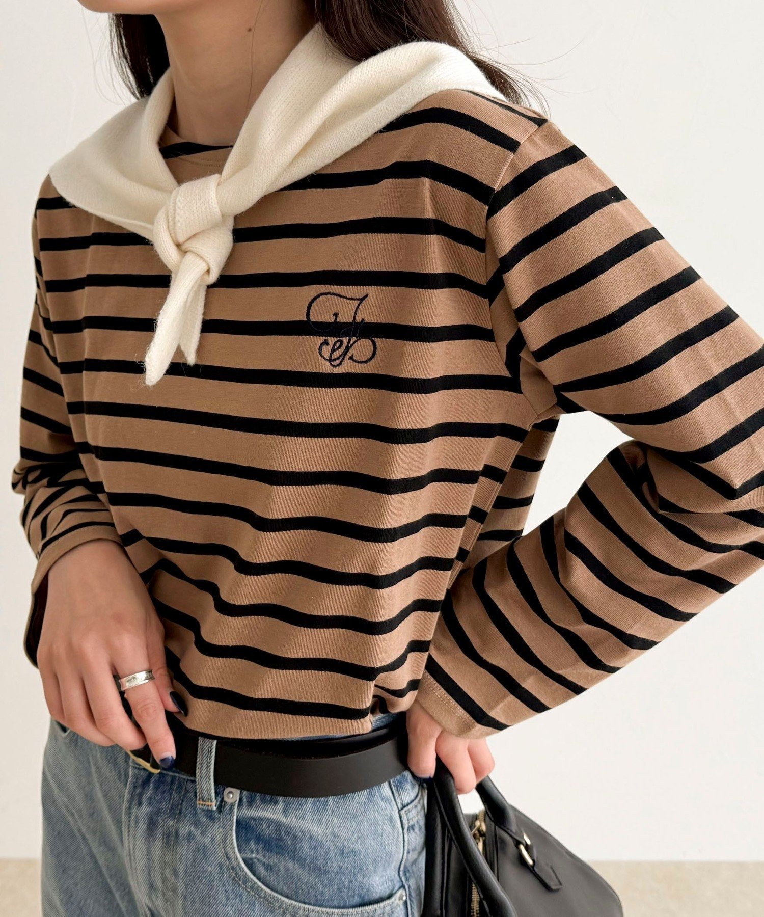 【フレディ&グロスター/FREDY&GLOSTER】のコンパクトボーダーロンTシャツ インテリア・キッズ・メンズ・レディースファッション・服の通販 founy(ファニー) 　ファッション　Fashion　レディースファッション　Fashion for Women　トップス・カットソー　Cut & Sew Tops　シャツ・ブラウス・オフィスカジュアル　Elegant Blouses & Button-Ups　ロングTシャツ・Tシャツ　Longline T-Shirts & Tees　インナー　Innerwear　ジャケット　Jacket, Outerwear　ボーダー　Border, Stripe　ロング　Long, Long-Length　おすすめ　Recommended / Our Picks　2025年　2025　2025-2026秋冬・A/W　Autumn/Winter 2025–26 AW25–26　ベージュ系その他|ID: prp329100004712700 ipo3291000000034117886