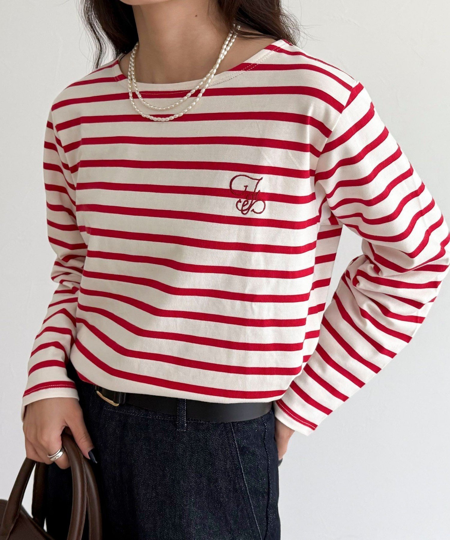 【フレディ&グロスター/FREDY&GLOSTER】のコンパクトボーダーロンTシャツ インテリア・キッズ・メンズ・レディースファッション・服の通販 founy(ファニー) 　ファッション　Fashion　レディースファッション　Fashion for Women　トップス・カットソー　Cut & Sew Tops　シャツ・ブラウス・オフィスカジュアル　Elegant Blouses & Button-Ups　ロングTシャツ・Tシャツ　Longline T-Shirts & Tees　インナー　Innerwear　ジャケット　Jacket, Outerwear　ボーダー　Border, Stripe　ロング　Long, Long-Length　おすすめ　Recommended / Our Picks　2025年　2025　2025-2026秋冬・A/W　Autumn/Winter 2025–26 AW25–26　レッド系その他|ID: prp329100004712700 ipo3291000000034117888