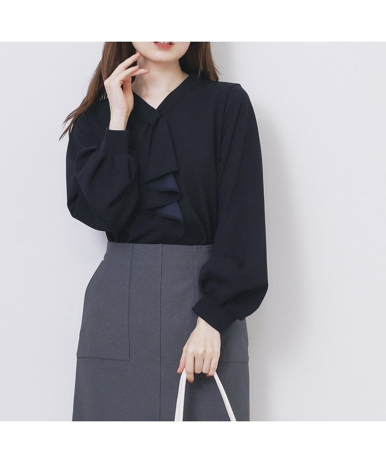 【インデックス/INDEX】のボウタイフリルトップス【洗濯機OK/ストレッチ/イージーアイロン/防シワ】《S~3L》 インテリア・キッズ・メンズ・レディースファッション・服の通販 founy(ファニー) 　ファッション　Fashion　レディースファッション　Fashion for Women　トップス・カットソー　Cut & Sew Tops　エレガント 上品　Elegant　シンプル　Simple, Minimal　ジョーゼット　Georgette, Semi-Sheer Fabric　ストレッチ　Stretch, Stretchy Fabric　スマート　Smart, Elegant　長袖　Long Sleeve, Full Sleeve　バランス　Balance, Style Balance　フィット　Fit, Slim Fit　フリル　Frill, Ruffle　ベーシック　Basic, Essential　ネイビー|ID: prp329100004713733 ipo3291000000034436645