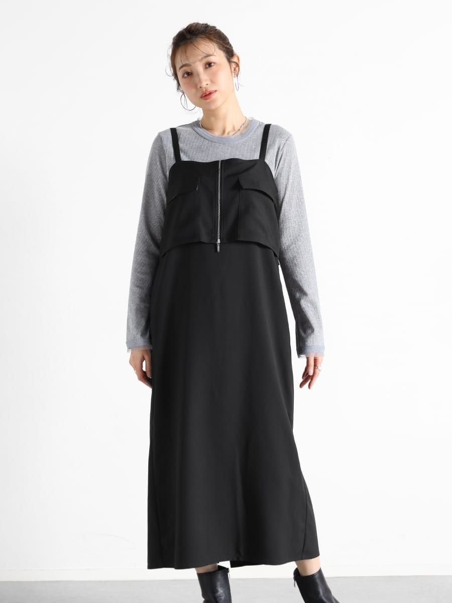 【ヴァン/Vin】のレイヤードライクジャンパースカート インテリア・キッズ・メンズ・レディースファッション・服の通販 founy(ファニー)  ファッション Fashion レディースファッション Fashion for Women スカート Skirts インナー Innerwear カットソー Cut and Sewn Top ショート Short, Short Length ジップ Zip, Zipper ストレート Straight, Straight Cut ビスチェ Bustier, Corset Top フロント Front, Front Design ポケット Pocket, Pocket Detail ロング Long, Long-Length 洗える Machine Washable ブラック|ID: prp329100004714657 ipo3291000000034061580