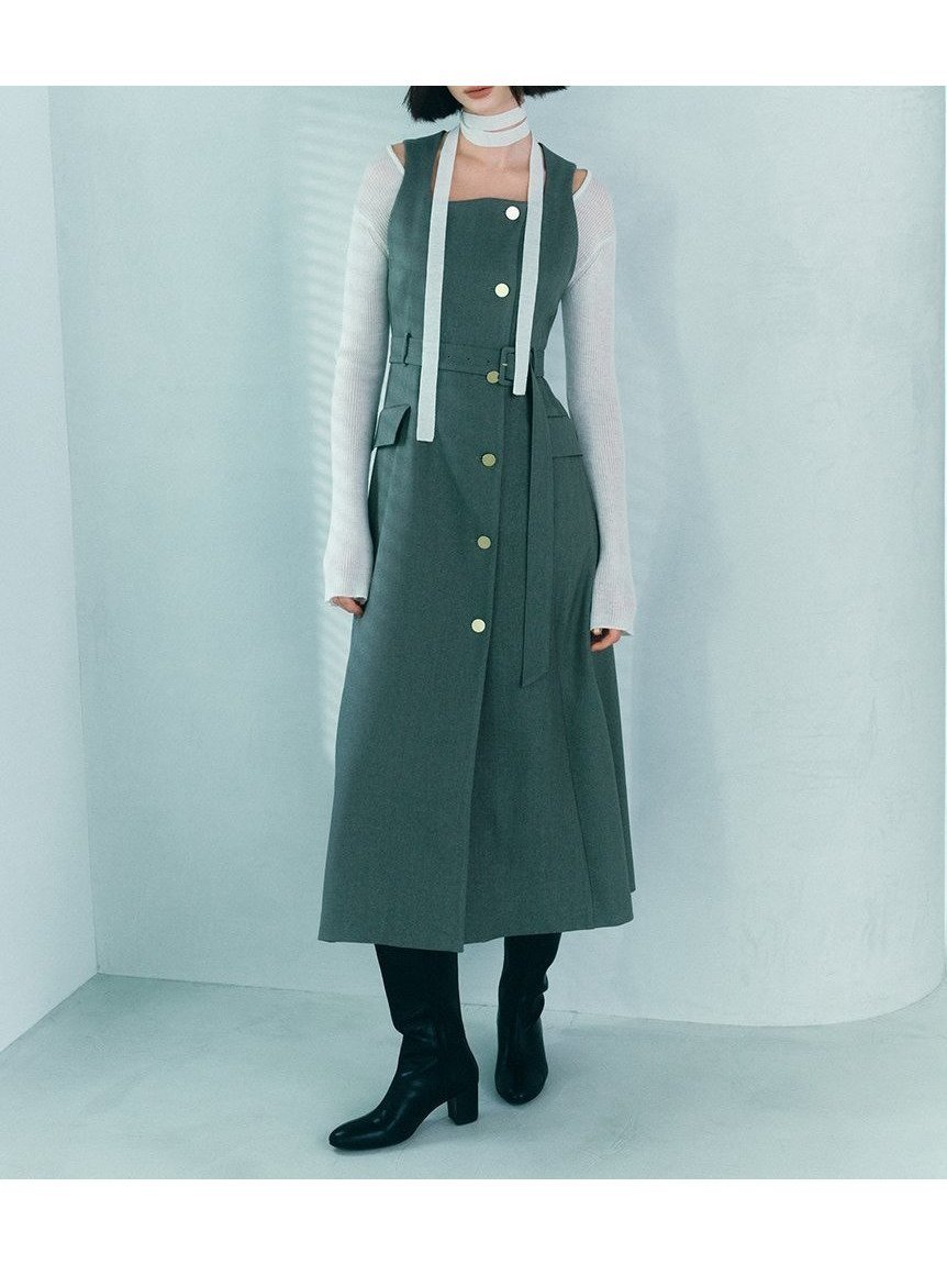 【フレイ アイディー/FRAY I.D】のダブルヘリンボーンジレワンピース インテリア・キッズ・メンズ・レディースファッション・服の通販 founy(ファニー) 　ファッション　Fashion　レディースファッション　Fashion for Women　アウター　Coat / Outerwear Collection　エレガント 上品　Elegant　クラシカル　Classical, Vintage-Inspired　スクエア　Square, Square Shape　スマート　Smart, Elegant　バランス　Balance, Style Balance　フラット　Flat, Flat Shoes　ミックス　Mix, Mixed Style　メタル　Metal, Metal Parts　GRN[024]|ID: prp329100004714708 ipo3291000000034062017
