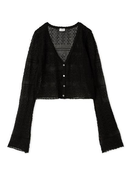 【リリーブラウン/Lily Brown】のセミシアーニットカーディガン インテリア・キッズ・メンズ・レディースファッション・服の通販 founy(ファニー) 　ファッション　Fashion　レディースファッション　Fashion for Women　トップス・カットソー　Cut & Sew Tops　ニット　Knit Tops & Sweaters　カーディガン・羽織り　Layered Style Cardigans　カーディガン　Cardigan, Knitwear　コンパクト　Compact, Small Size　スマート　Smart, Elegant　スリーブ　Sleeve, Long Sleeve / Short Sleeve　バランス　Balance, Style Balance　フレア　Flare, Flared　ボトム　Bottoms, Lower Wear　夏　Summer　透かし　Cut-Out, Lacework　BLK[009]|ID: prp329100004715096 ipo3291000000034066181