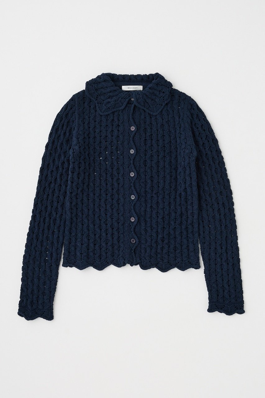 【マウジー/moussy】のOPENWORK ニットシャツ インテリア・キッズ・メンズ・レディースファッション・服の通販 founy(ファニー) 　ファッション　Fashion　レディースファッション　Fashion for Women　トップス・カットソー　Cut & Sew Tops　ニット　Knit Tops & Sweaters　シャツ・ブラウス・オフィスカジュアル　Elegant Blouses & Button-Ups　おすすめ　Recommended / Our Picks　スカラップ　Scallop, Scalloped Edge　セットアップ　Set-Up, Coordinated Outfit　ボヘミアン　Bohemian, Ethnic Style　人気　Popular, Best Seller　再入荷　Restock / Back in Stock　羽織　Haori, Light Jacket　NVY|ID: prp329100004715152 ipo3291000000034066704