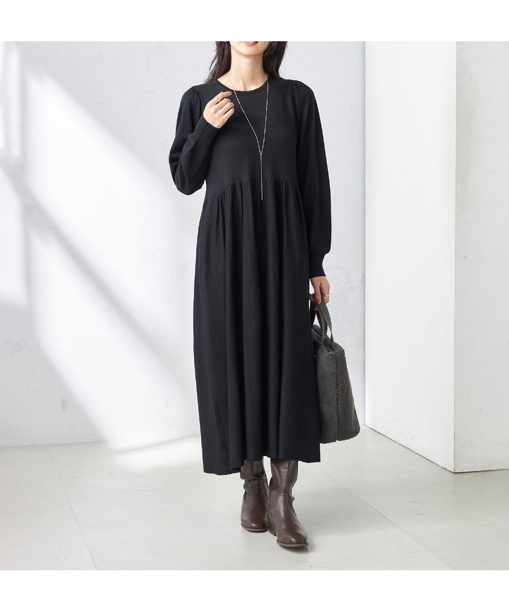 【アー ヴェー ヴェー/a.v.v】のギャザーニットワンピース インテリア・キッズ・メンズ・レディースファッション・服の通販 founy(ファニー) 　ファッション　Fashion　レディースファッション　Fashion for Women　ワンピース　Dresses　ニットワンピース　Knit Dresses　おすすめ　Recommended / Our Picks　ギャザー　Gathered, Ruffled　シンプル　Simple, Minimal　ジャケット　Jacket, Outerwear　ネックレス　Necklace, Pendant Necklace　ベーシック　Basic, Essential　ペチコート　Petticoat, Underskirt　再入荷　Restock / Back in Stock　切替　Switching, Contrast Panel　ブラック|ID: prp329100004715924 ipo3291000000034238291