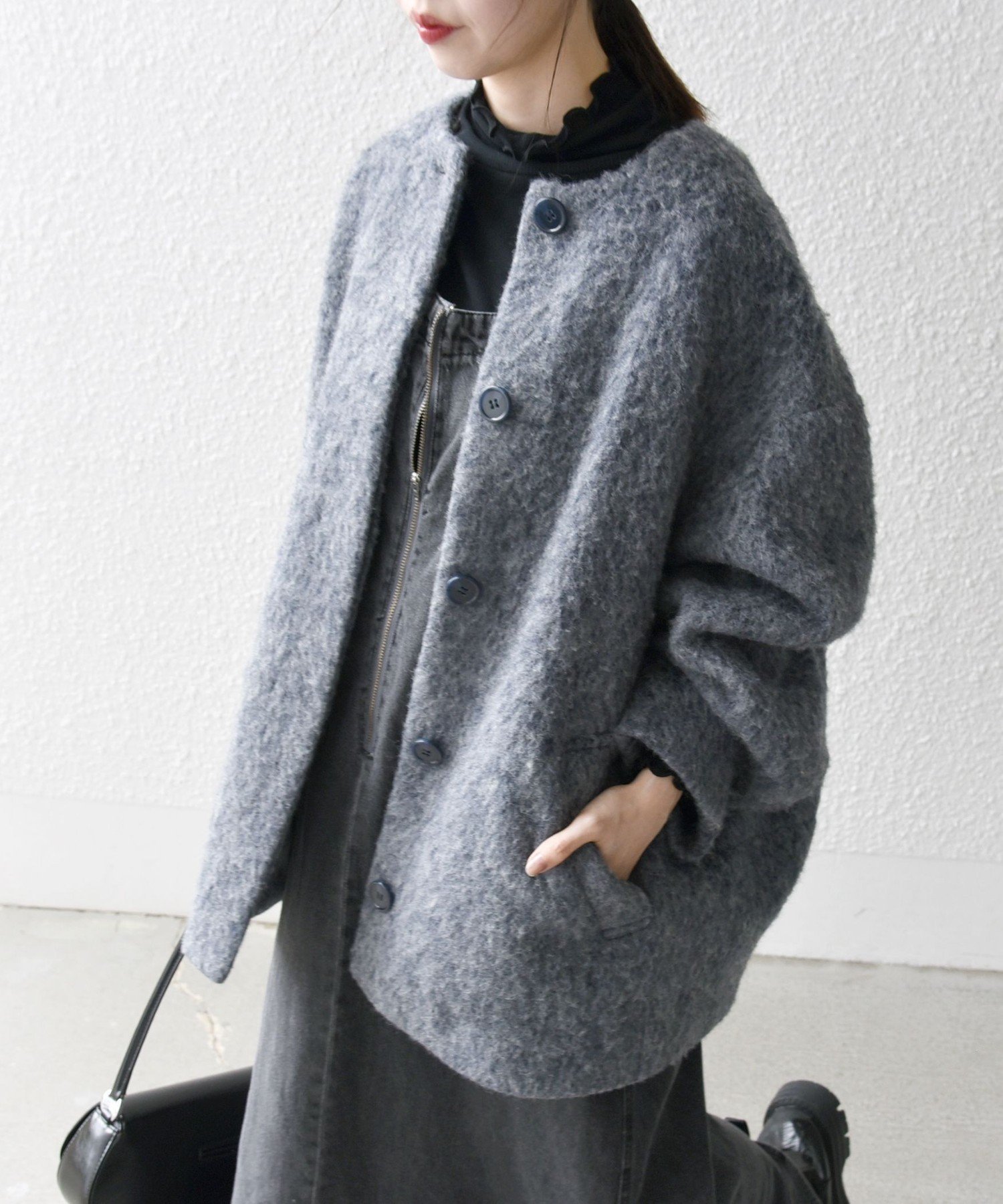 【シップス フォー ウィメン/SHIPS】の《追加 》SHIPS any シャギー ノーカラー コクーン コート インテリア・キッズ・メンズ・レディースファッション・服の通販 founy(ファニー) ファッション Fashion レディースファッション Fashion for Women アウター Coat / Outerwear Collection コート・ロングコート・ピーコート Long Coats, Peacoats & More 2025年 2025 2025-2026秋冬・A/W Autumn/Winter 2025–26 AW25–26 おすすめ Recommended / Our Picks コクーン Cocoon, Cocoon Silhouette フロント Front, Front Design チャコールグレー|ID: prp329100004716061 ipo3291000000034360551