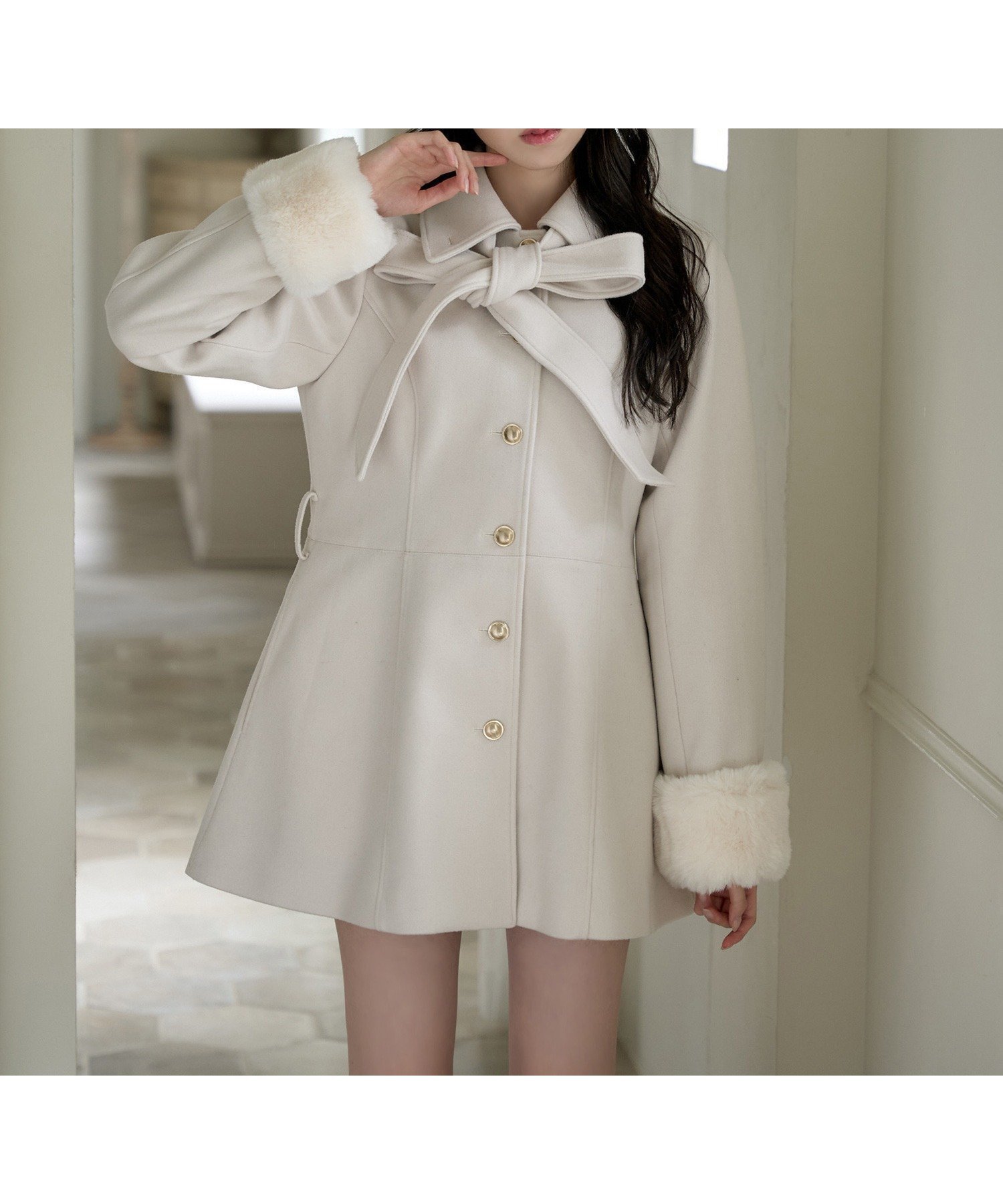 【ナイスクラップ/NICE CLAUP】のリボンミドルコート/SMサイズあり インテリア・キッズ・メンズ・レディースファッション・服の通販 founy(ファニー) 　ファッション　Fashion　レディースファッション　Fashion for Women　アウター　Coat / Outerwear Collection　コート・ロングコート・ピーコート　Long Coats, Peacoats & More　シューズ　Shoes, Footwear　デニム　Denim, Jeans Material　ハイネック　High Neck, Mock Neck　バランス　Balance, Style Balance　ボトム　Bottoms, Lower Wear　ミドル　Middle Length, Mid Height　リボン　Ribbon, Bow　ロング　Long, Long-Length　冬　Winter / This Winter　再入荷　Restock / Back in Stock　おすすめ　Recommended / Our Picks　2025年　2025　2025-2026秋冬・A/W　Autumn/Winter 2025–26 AW25–26　アイボリー|ID: prp329100004716140 ipo3291000000034963815