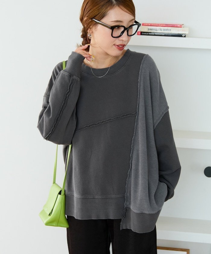 【フリークスストア/FREAK'S STORE】のリメイク風 ピグメント 裏毛 × ワッフル プルオーバー【限定展開】 25AW インテリア・キッズ・メンズ・レディースファッション・服の通販 founy(ファニー) 　ファッション　Fashion　レディースファッション　Fashion for Women　トップス・カットソー　Cut & Sew Tops　カジュアルプルオーバー・ニットトップス　Pullovers & Knit Tops / Casual Pullovers　2025年　2025　2025-2026秋冬・A/W　Autumn/Winter 2025–26 AW25–26　冬　Winter / This Winter　おすすめ　Recommended / Our Picks　ティアード　Tiered, Tiered Style　バランス　Balance, Style Balance　ビッグ　Big, Oversized　フロント　Front, Front Design　リメイク　Remake, Reconstructed　ロング　Long, Long-Length　ワッフル　Waffle, Waffle Knit　A/W・秋冬　Autumn/Winter　ブラック|ID: prp329100004717151 ipo3291000000034082366