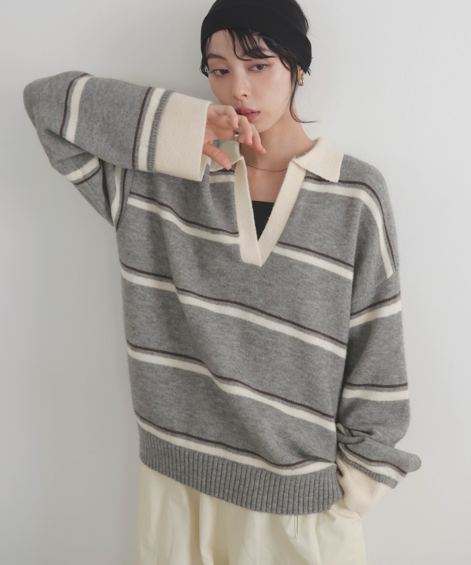【リアン/Lian】のアルパカタッチボーダーポロニット インテリア・キッズ・メンズ・レディースファッション・服の通販 founy(ファニー) 　ファッション　Fashion　レディースファッション　Fashion for Women　トップス・カットソー　Cut & Sew Tops　ニット　Knit Tops & Sweaters　ボーダー　Border, Stripe　グレー|ID: prp329100004717152 ipo3291000000034291355