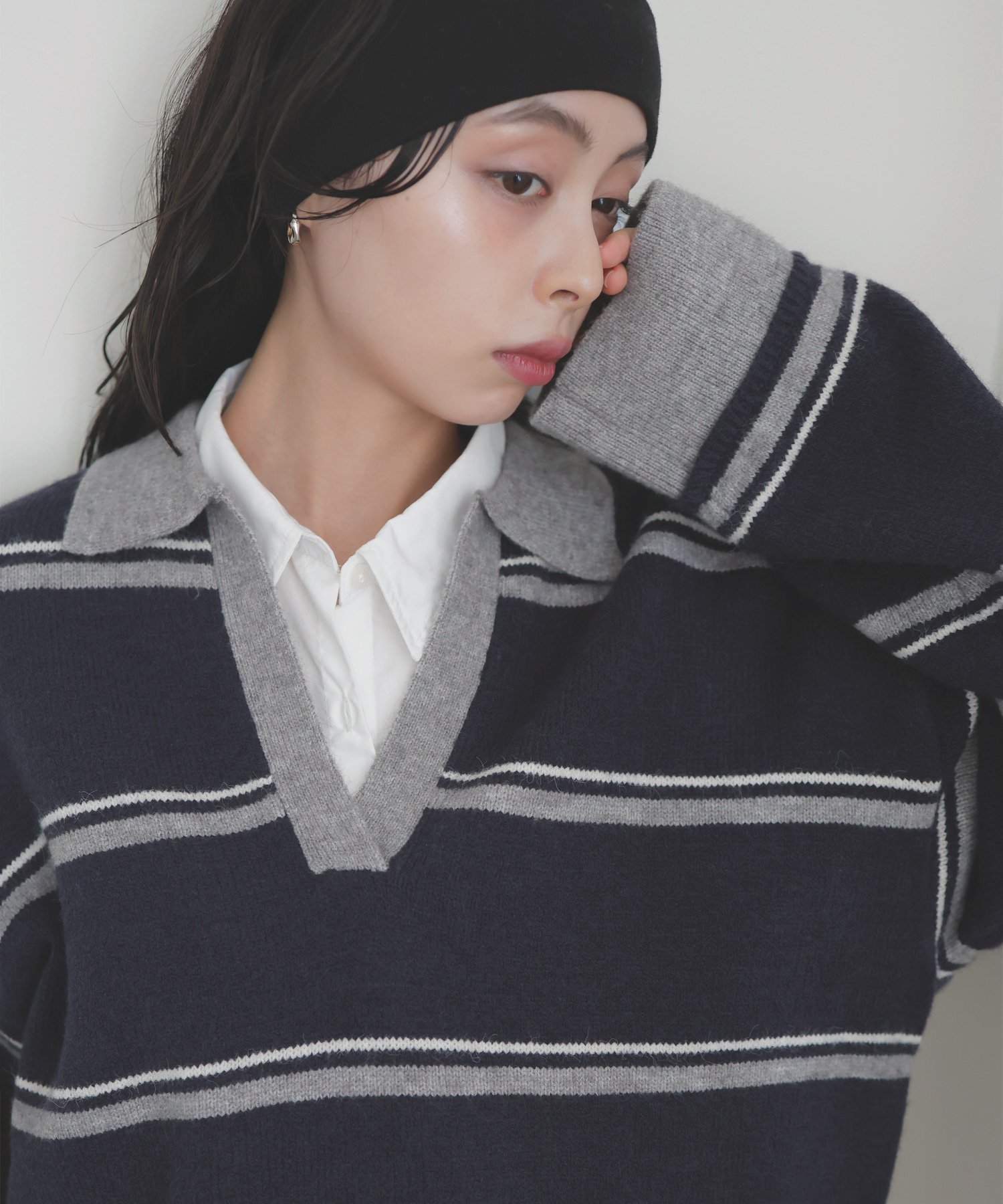 【リアン/Lian】のアルパカタッチボーダーポロニット インテリア・キッズ・メンズ・レディースファッション・服の通販 founy(ファニー) 　ファッション　Fashion　レディースファッション　Fashion for Women　トップス・カットソー　Cut & Sew Tops　ニット　Knit Tops & Sweaters　ボーダー　Border, Stripe　ネイビー|ID: prp329100004717152 ipo3291000000034291356