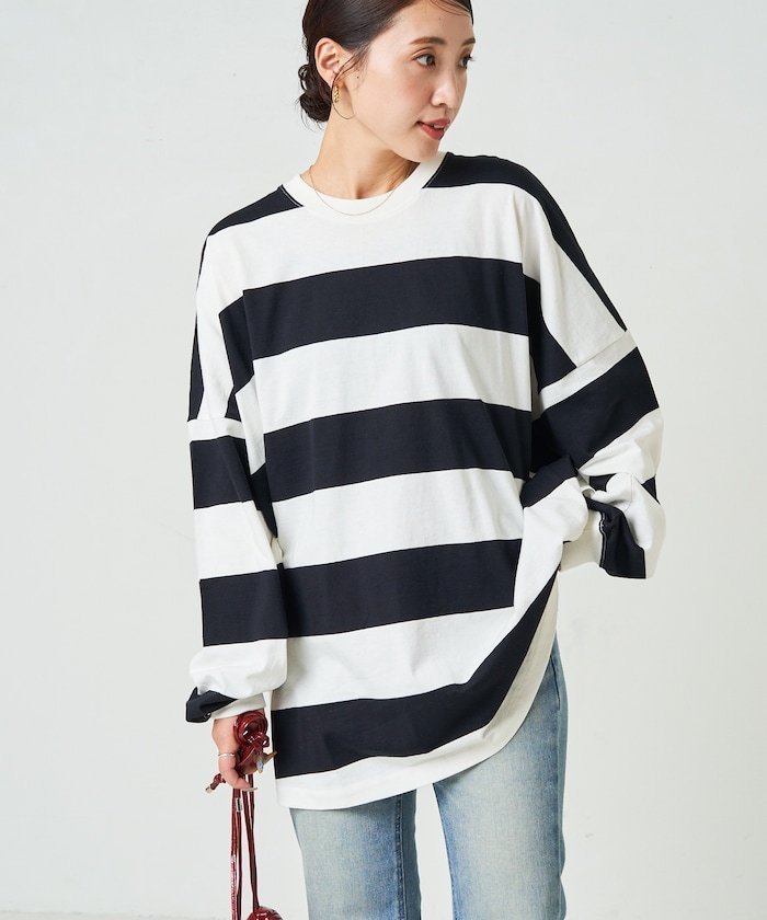 【フリークスストア/FREAK'S STORE】のワイドボーダー ロングスリーブ Tシャツ【限定展開】 24AW インテリア・キッズ・メンズ・レディースファッション・服の通販 founy(ファニー) 　ファッション　Fashion　レディースファッション　Fashion for Women　トップス・カットソー　Cut & Sew Tops　シャツ・ブラウス・オフィスカジュアル　Elegant Blouses & Button-Ups　ロングTシャツ・Tシャツ　Longline T-Shirts & Tees　カットソー　Cut and Sewn Top　スリーブ　Sleeve, Long Sleeve / Short Sleeve　チュニック　Tunic, Long Top　定番　Standard, Basic Item　人気　Popular, Best Seller　ビッグ　Big, Oversized　ベーシック　Basic, Essential　ボーダー　Border, Stripe　ラウンド　Round, Round Neck　ロング　Long, Long-Length　ワイド　Wide, Wide Fit　A/W・秋冬　Autumn/Winter　冬　Winter / This Winter　おすすめ　Recommended / Our Picks　2024年　2024　2024-2025秋冬・A/W　Autumn/Winter 2024–25 AW24–25　オフホワイト×ブラック|ID: prp329100004717291 ipo3291000000034083820