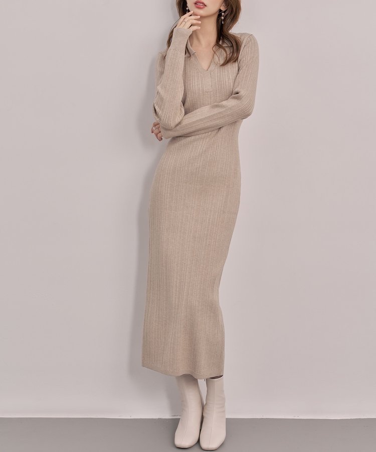 【セゾンドパピヨン/SAISON DE PAPILLON】のベルト付きジョニーカラーランダムリブ編みニットワンピース インテリア・キッズ・メンズ・レディースファッション・服の通販 founy(ファニー) 　ファッション　Fashion　レディースファッション　Fashion for Women　ワンピース　Dresses　ニットワンピース　Knit Dresses　ベルト&ウエストマーク　Belts & Waist Accessories　エレガント 上品　Elegant　クール　Cool, Chic　シンプル　Simple, Minimal　ジャケット　Jacket, Outerwear　スリット　Slit, Slit Detail　デコルテ　Décolleté, Neckline　ドレス　Dress, One-Piece　長袖　Long Sleeve, Full Sleeve　フィット　Fit, Slim Fit　マキシ　Maxi, Full Length　ミックス　Mix, Mixed Style　無地　Plain, Solid Color　ロング　Long, Long-Length　おすすめ　Recommended / Our Picks　ベージュ|ID: prp329100004717398 ipo3291000000034530138