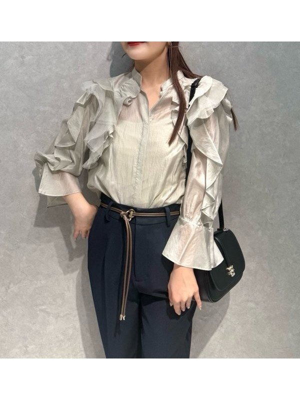 【スナイデル/SNIDEL】のシアーフリルブラウス インテリア・キッズ・メンズ・レディースファッション・服の通販 founy(ファニー) 　ファッション　Fashion　レディースファッション　Fashion for Women　トップス・カットソー　Cut & Sew Tops　シャツ・ブラウス・オフィスカジュアル　Elegant Blouses & Button-Ups　インナー　Innerwear　キャミソール　Camisole, Spaghetti Strap Top　シアー　Sheer, See-Through　スキッパー　Skipper, Open Collar　スマート　Smart, Elegant　ダブル　Double, Double-Breasted　チュール　Tulip, Tulip Motif　フェミニン　Feminine, Girly　フラワー　Flower, Floral　フリル　Frill, Ruffle　プリント　Print, Printed Pattern　無地　Plain, Solid Color　MNT[021]|ID: prp329100004717540 ipo3291000000034087415