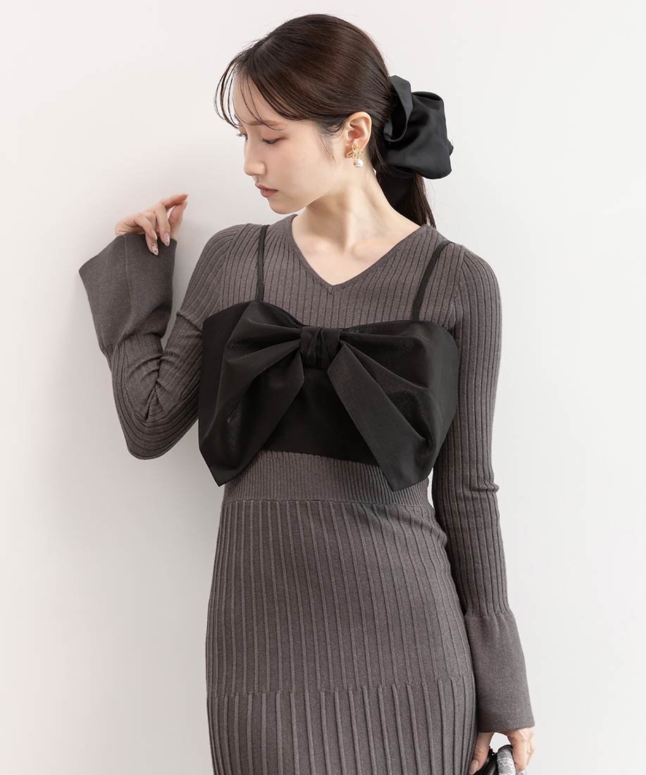 【ランダ/RANDA】のマルチウェイリボンビスチェセットニットワンピース 人気、トレンドファッション・服の通販 founy(ファニー) 　ファッション　Fashion　レディースファッション　Fashion for Women　ワンピース　Dresses　ニットワンピース　Knit Dresses　おすすめ　Recommended / Our Picks　コンパクト　Compact, Small Size　デニム　Denim, Jeans Material　トレンド　Trend, Trending Now　ビスチェ　Bustier, Corset Top　フェミニン　Feminine, Girly　フレア　Flare, Flared　フロント　Front, Front Design　リボン　Ribbon, Bow　エレガント 上品　Elegant　 other-1|ID: prp329100004718588 ipo3291000000034096655